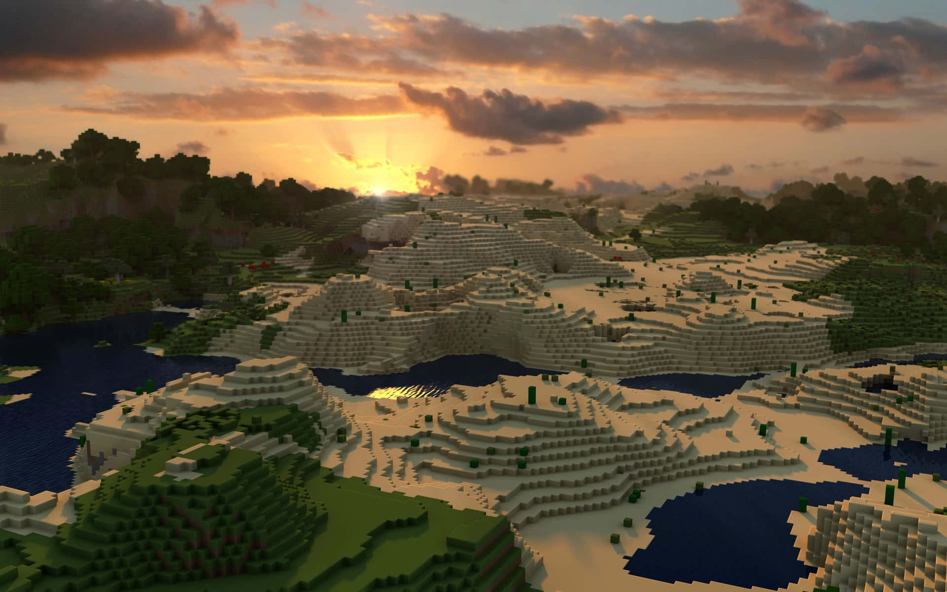 A beautiful sunset over a Minecraft world Wallpaper