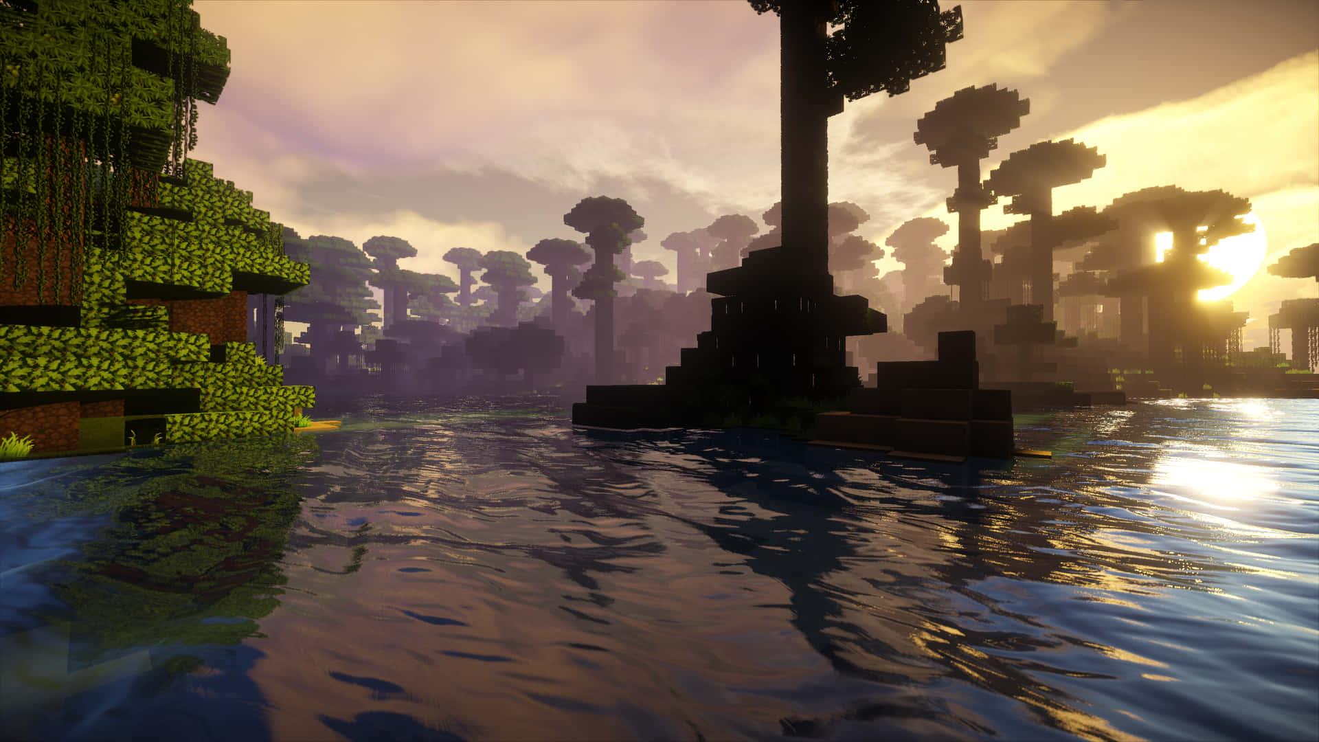 Enjoy the relaxing vista of a Minecraft sunset. Wallpaper