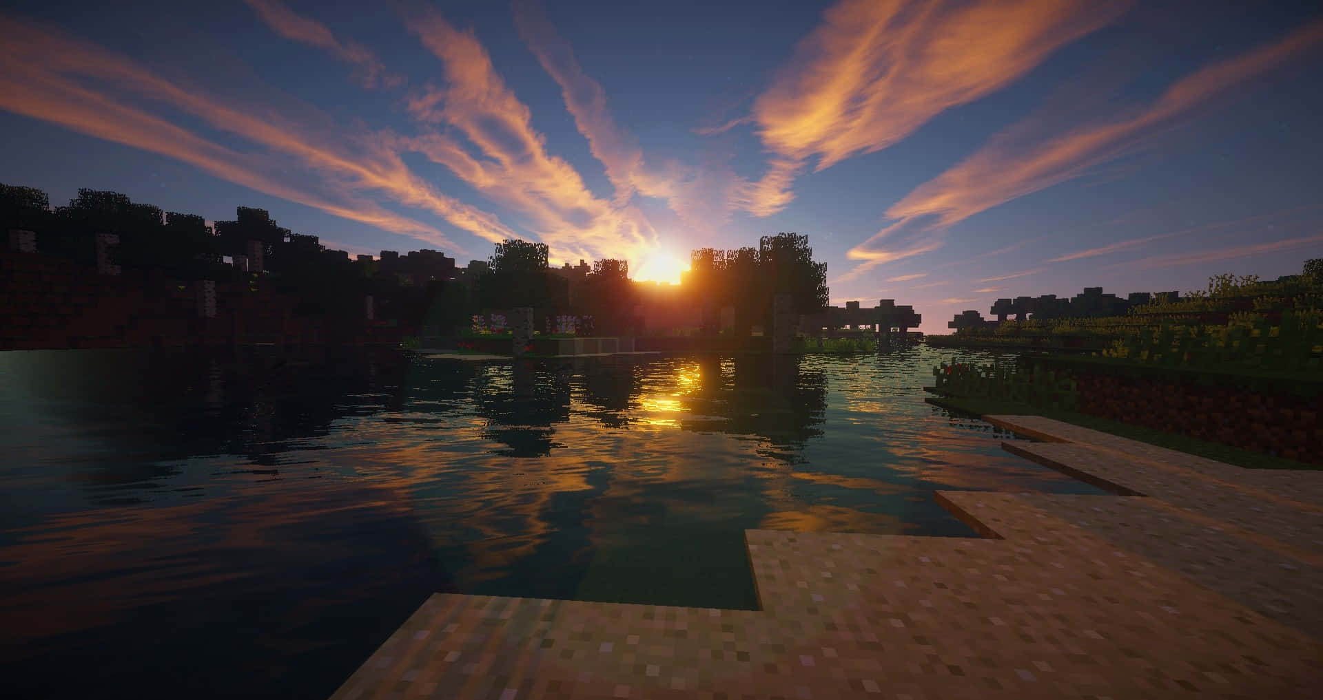 En fredfuld solnedgang i Minecraft Wallpaper