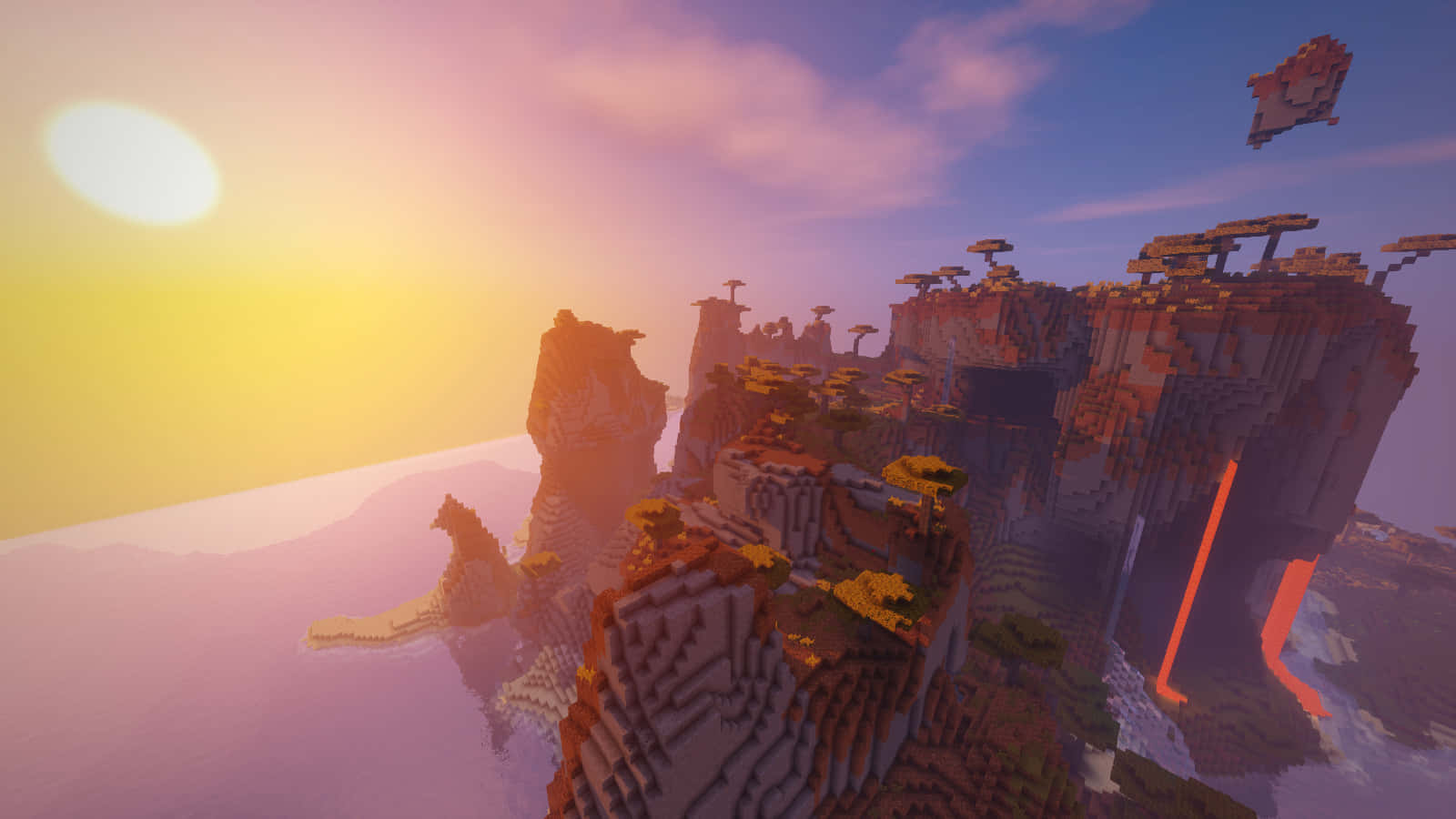 Utforskaden Enorma Världen Av Minecraft Vid Solnedgången. Wallpaper