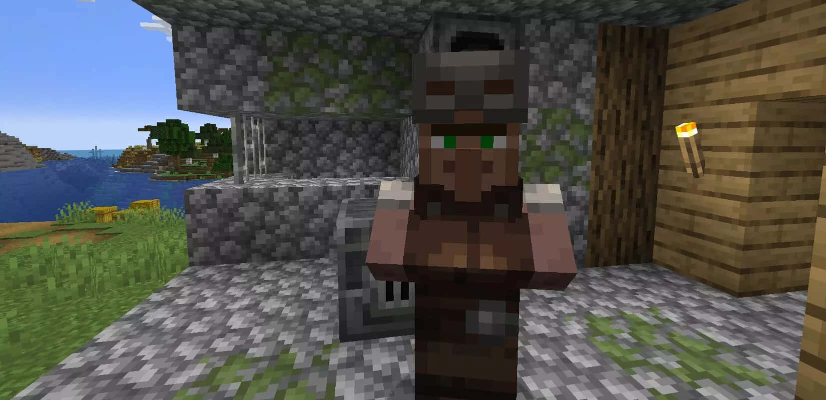 A friendly Minecraft Villager stands amidst a vibrant landscape Wallpaper