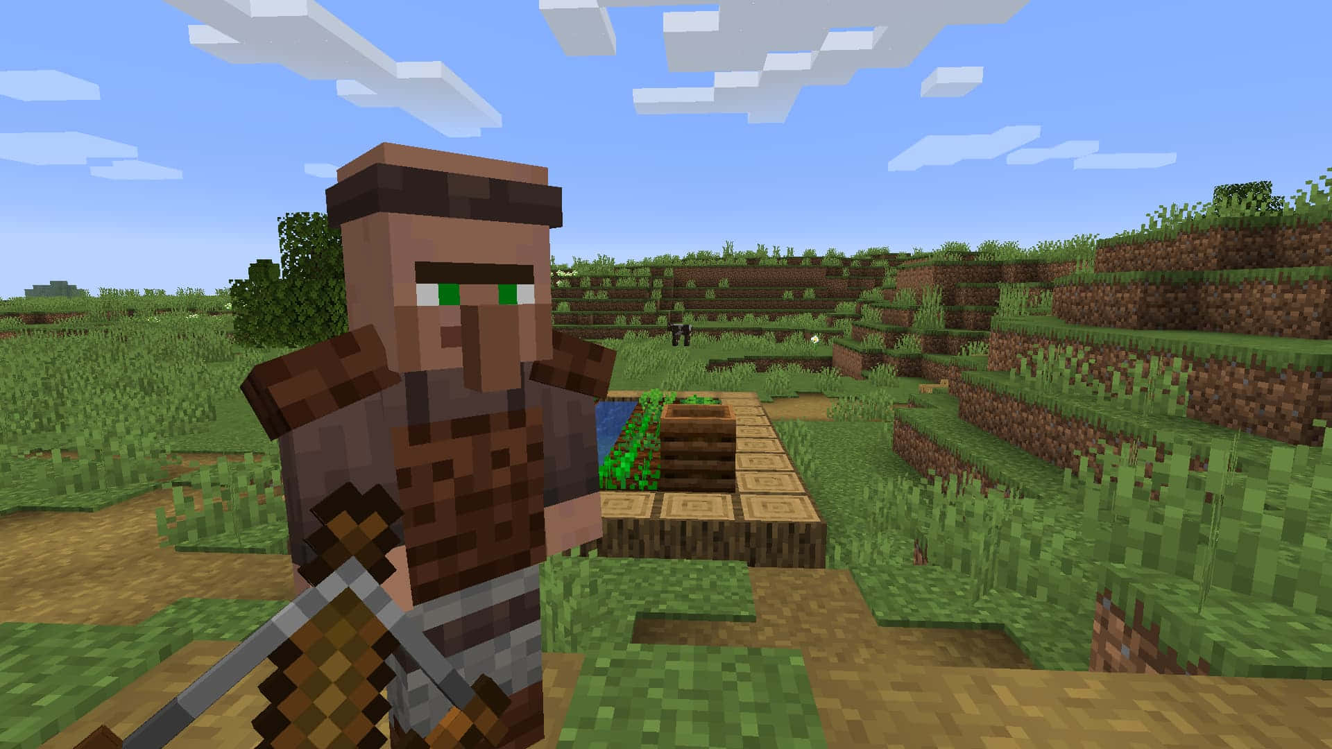 A Minecraft villager in a lively village landscape Wallpaper
