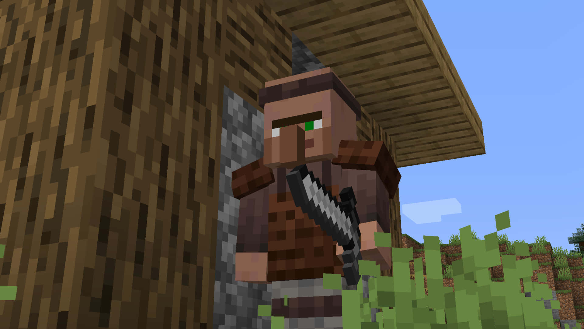 Friendly Minecraft Villager offers a trade in a scenic village Wallpaper