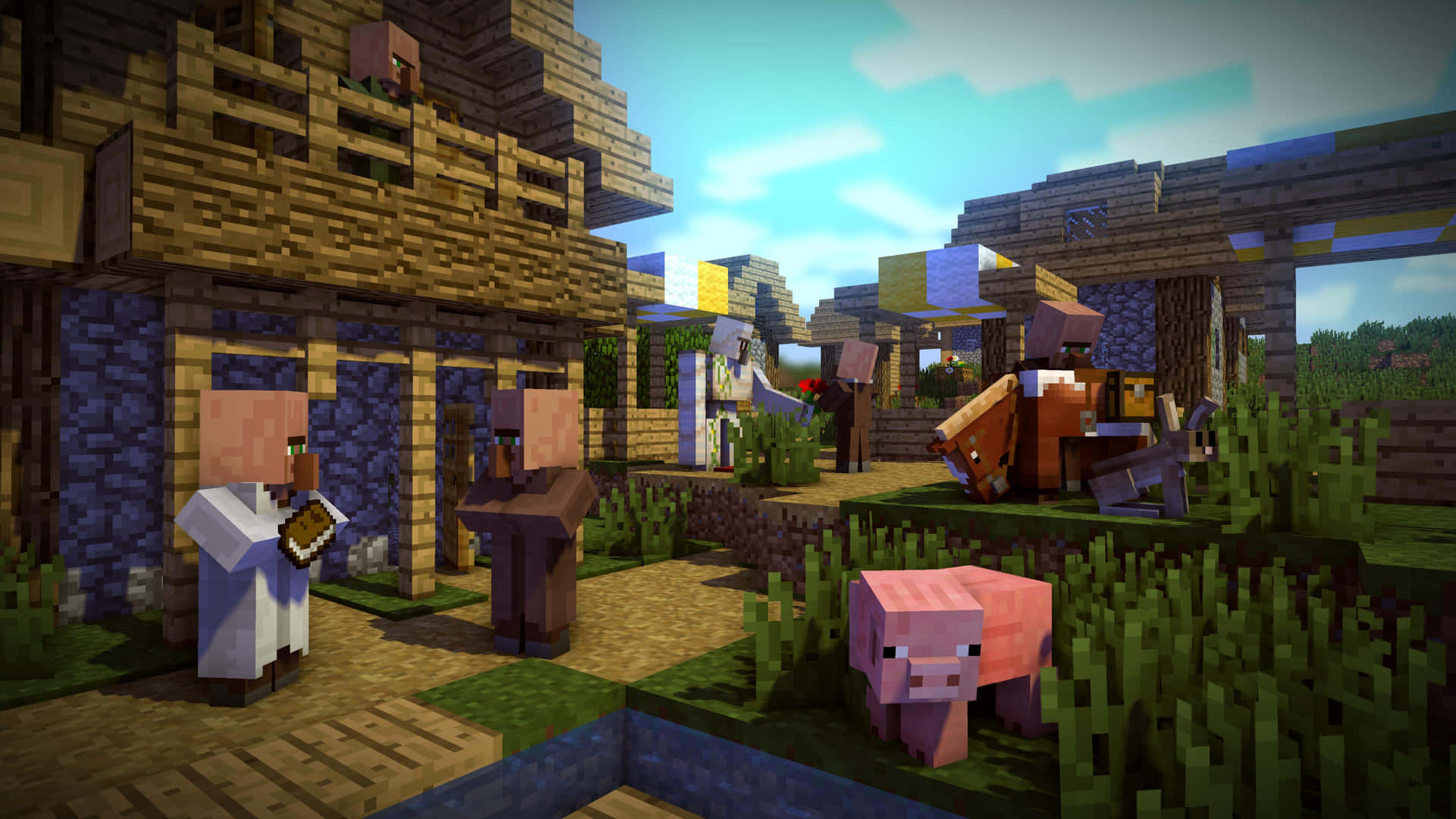 A Minecraft Villager standing confidently in the world of Minecraft Wallpaper