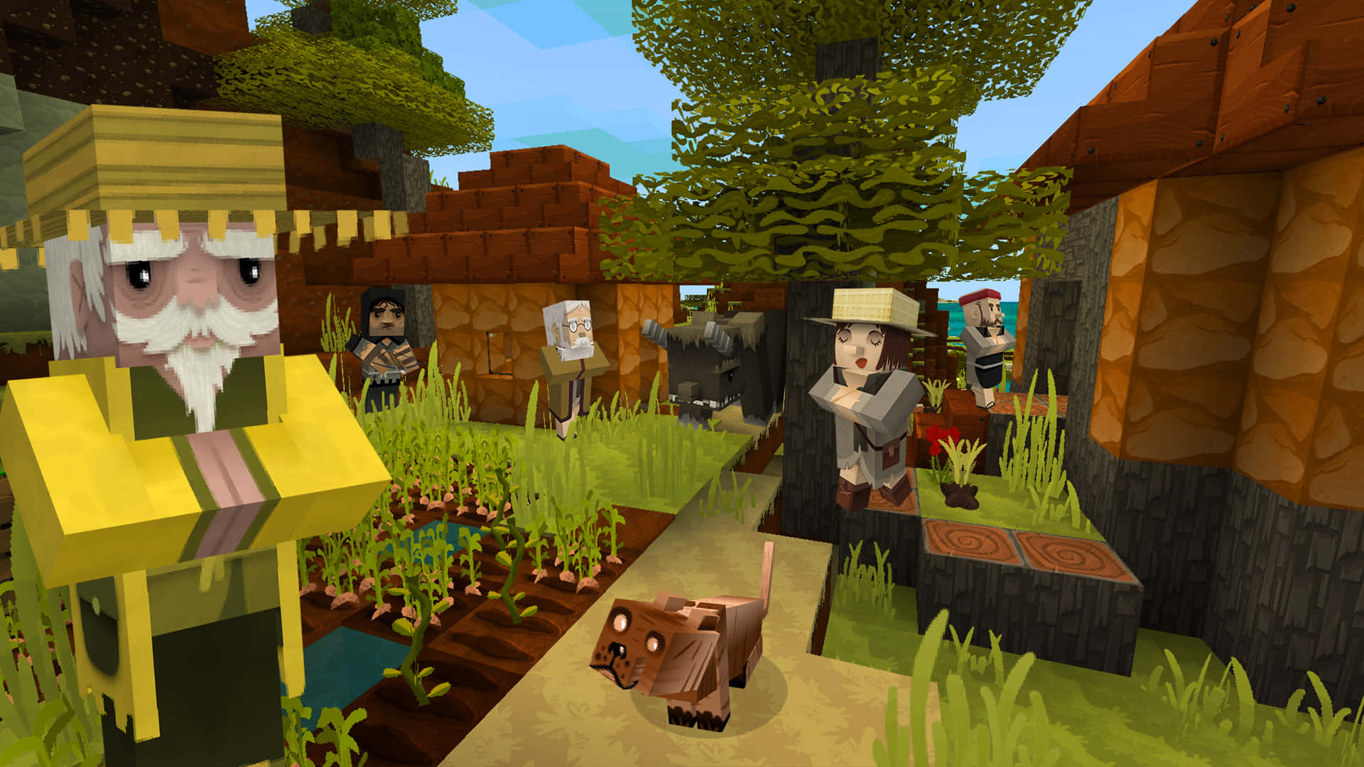 Friendly Minecraft Villagers Gathering in the Village Square Wallpaper