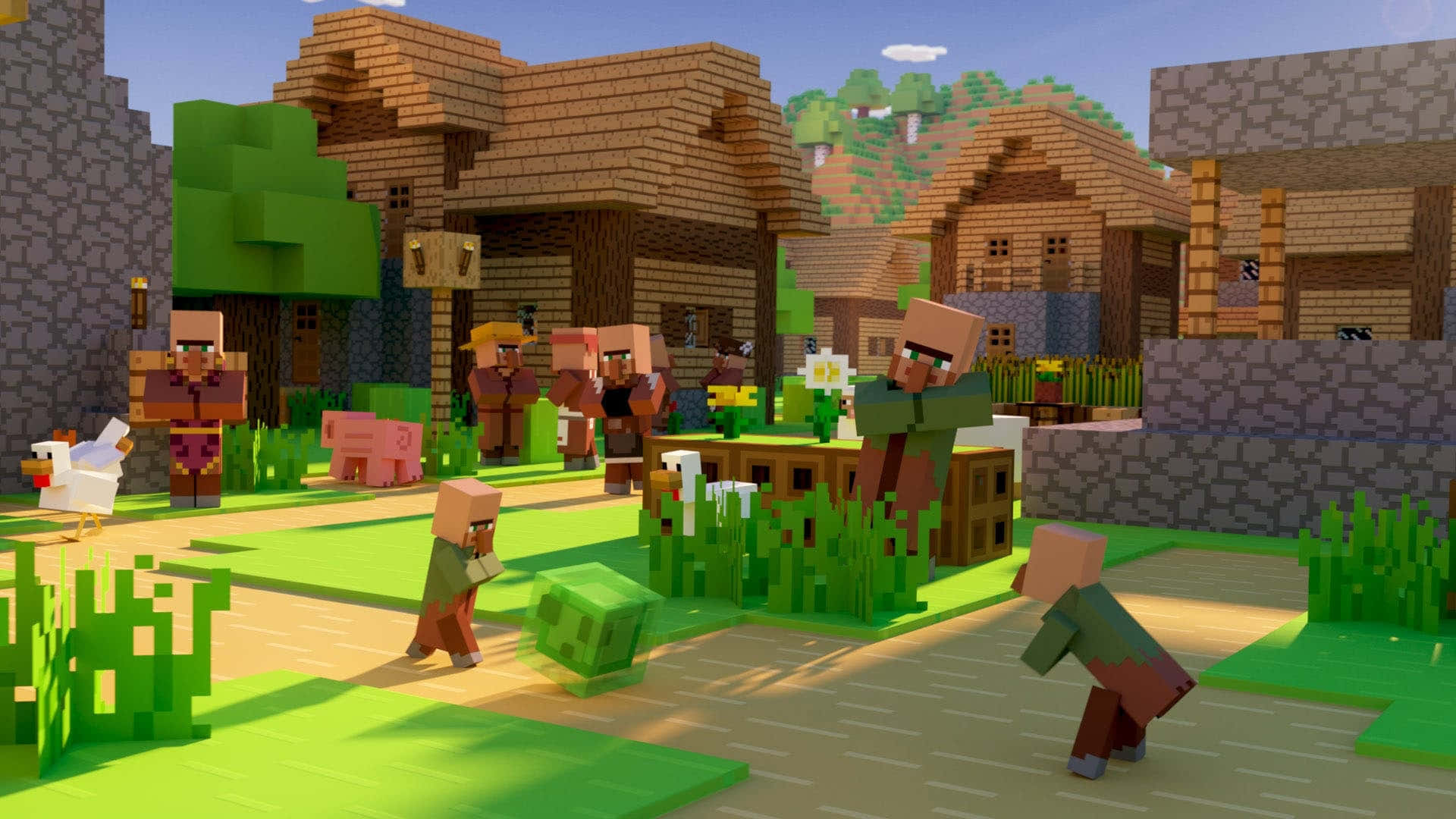Group of lively Minecraft Villagers in their vibrant village Wallpaper