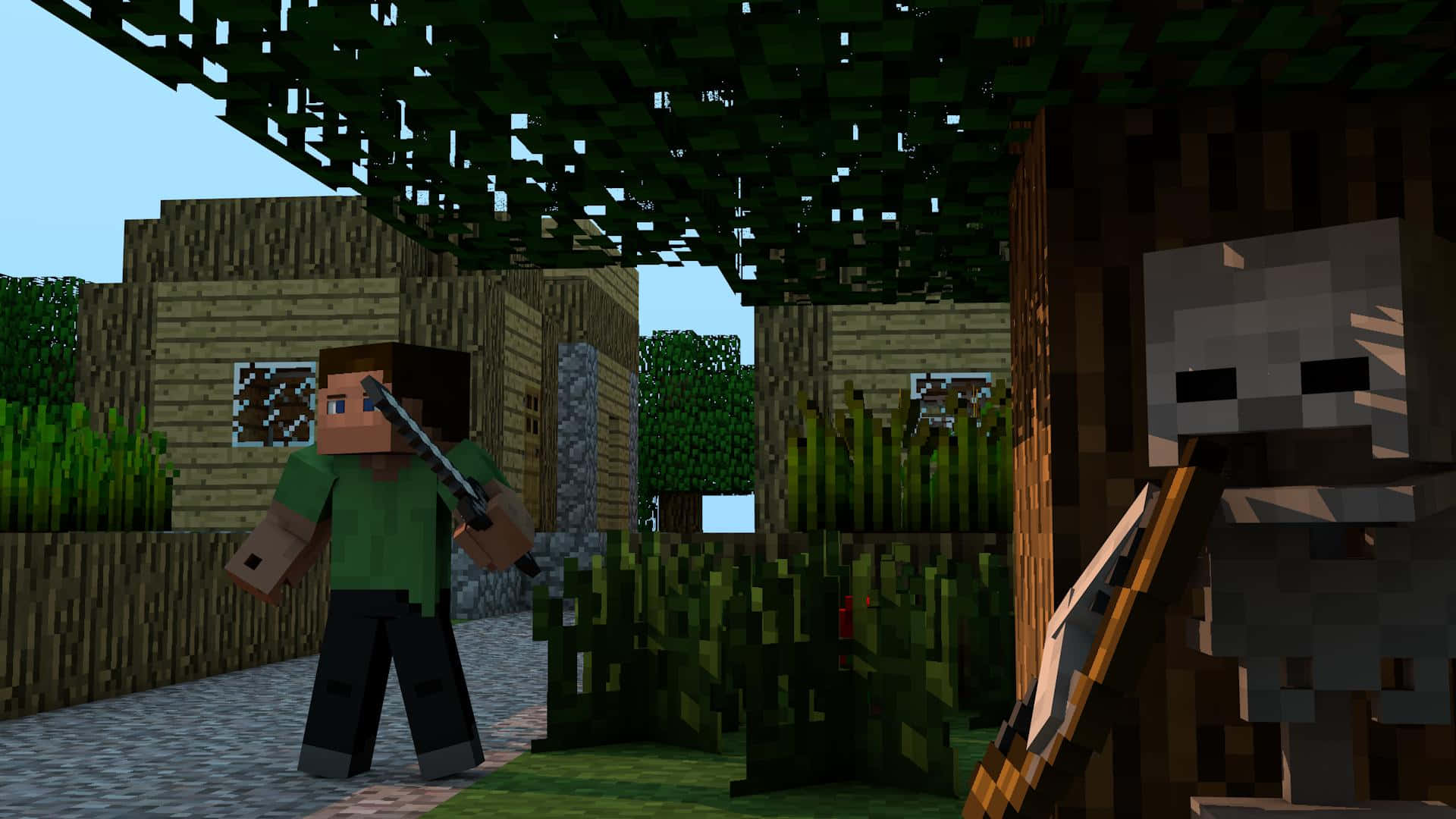 A group of villagers socializing in a bustling Minecraft village. Wallpaper