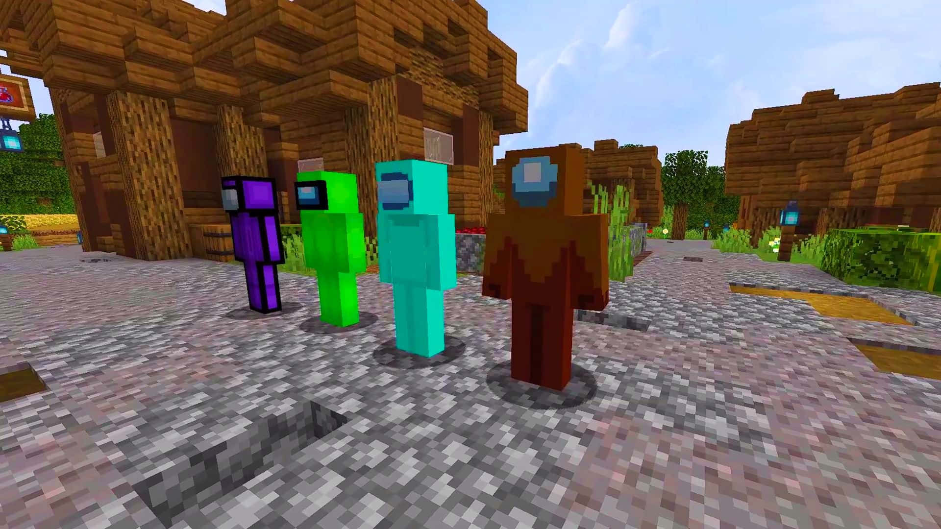 Minecraft Villagers gather in their vibrant village. Wallpaper