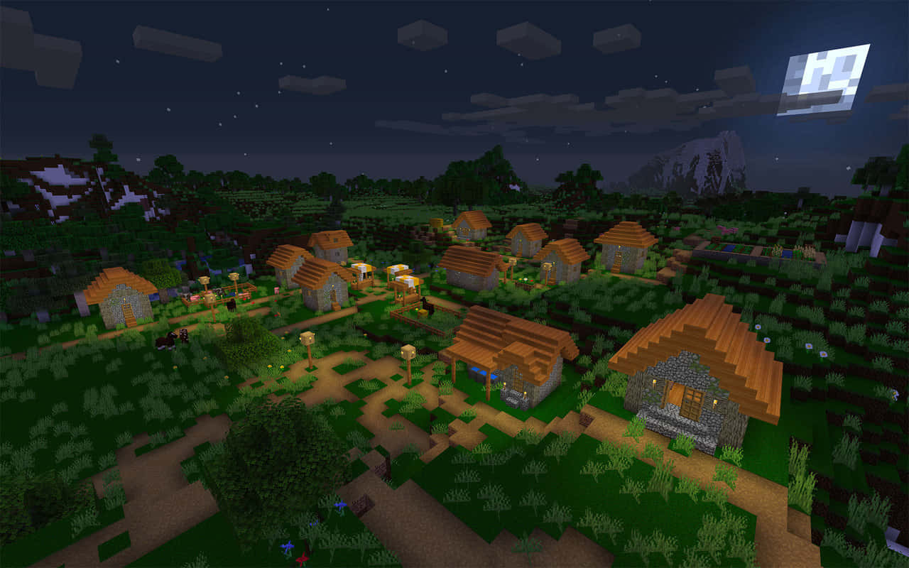 Epic Minecraft Village Overlooking Vast Landscapes Wallpaper