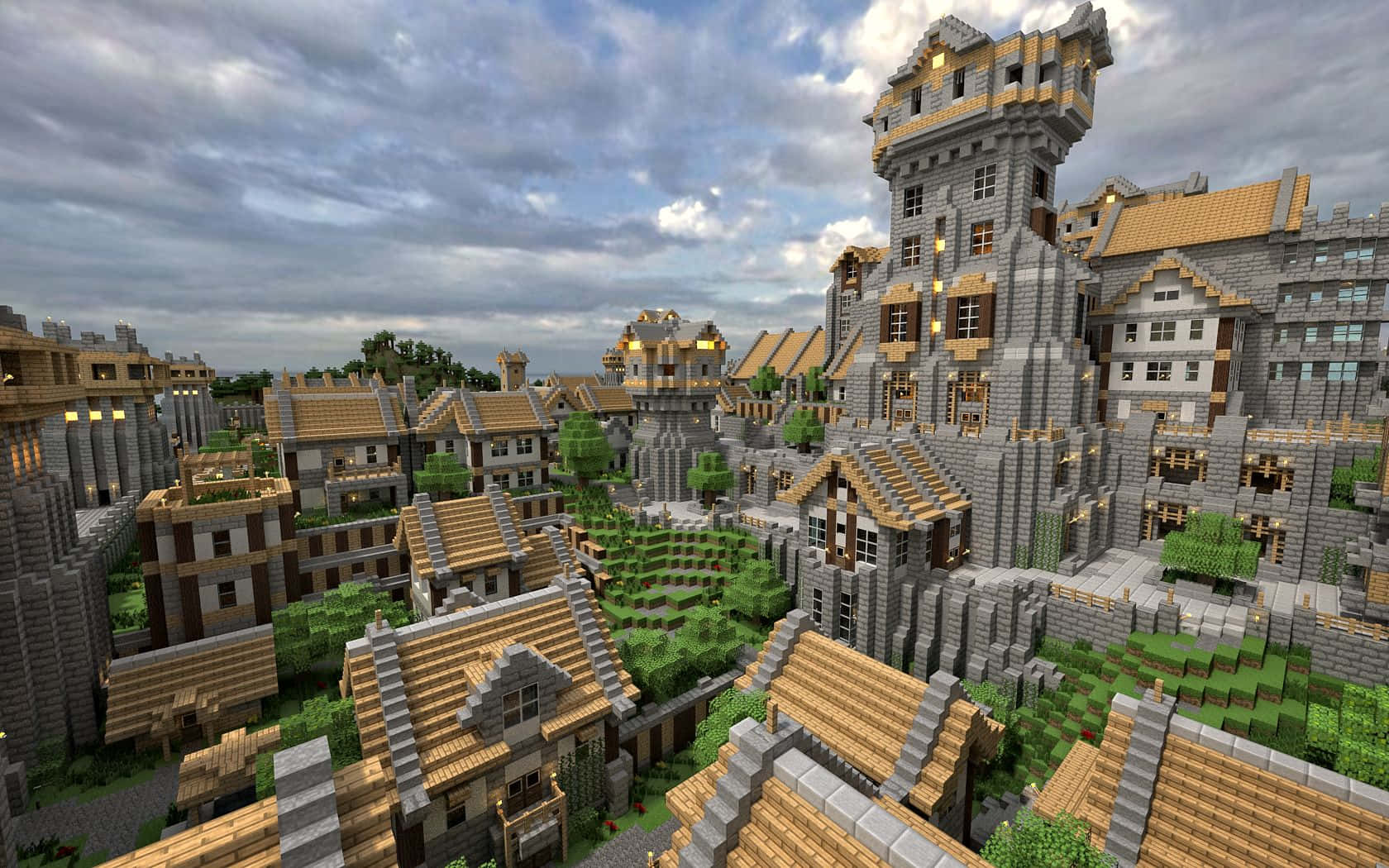 Stunning Minecraft Village with Mountains and River Wallpaper