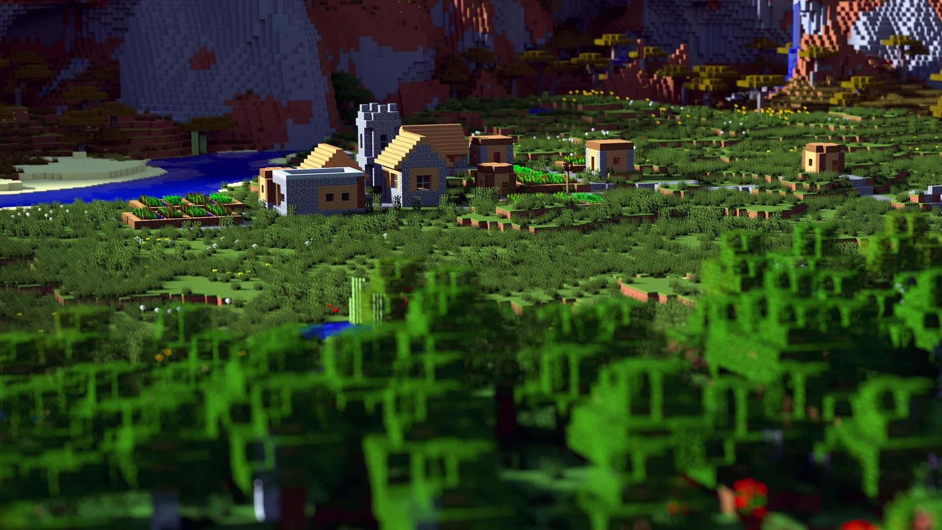 Picturesque Minecraft Village at Sunset Wallpaper