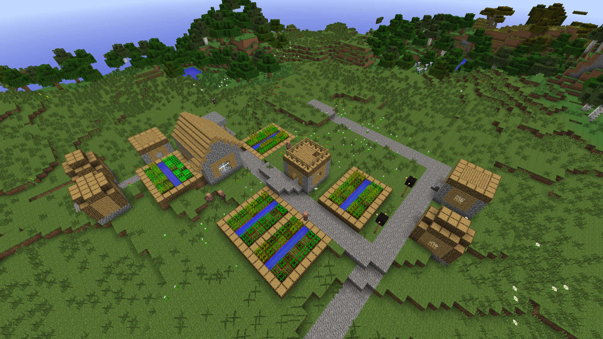 Idyllic Minecraft Village Surrounded by Nature Wallpaper