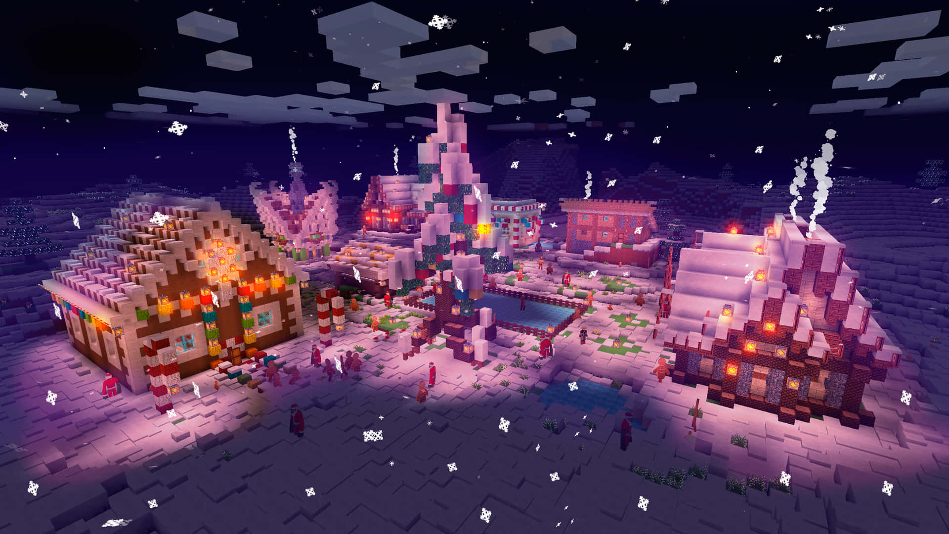 Minecraft Winter Village Nighttime Wallpaper