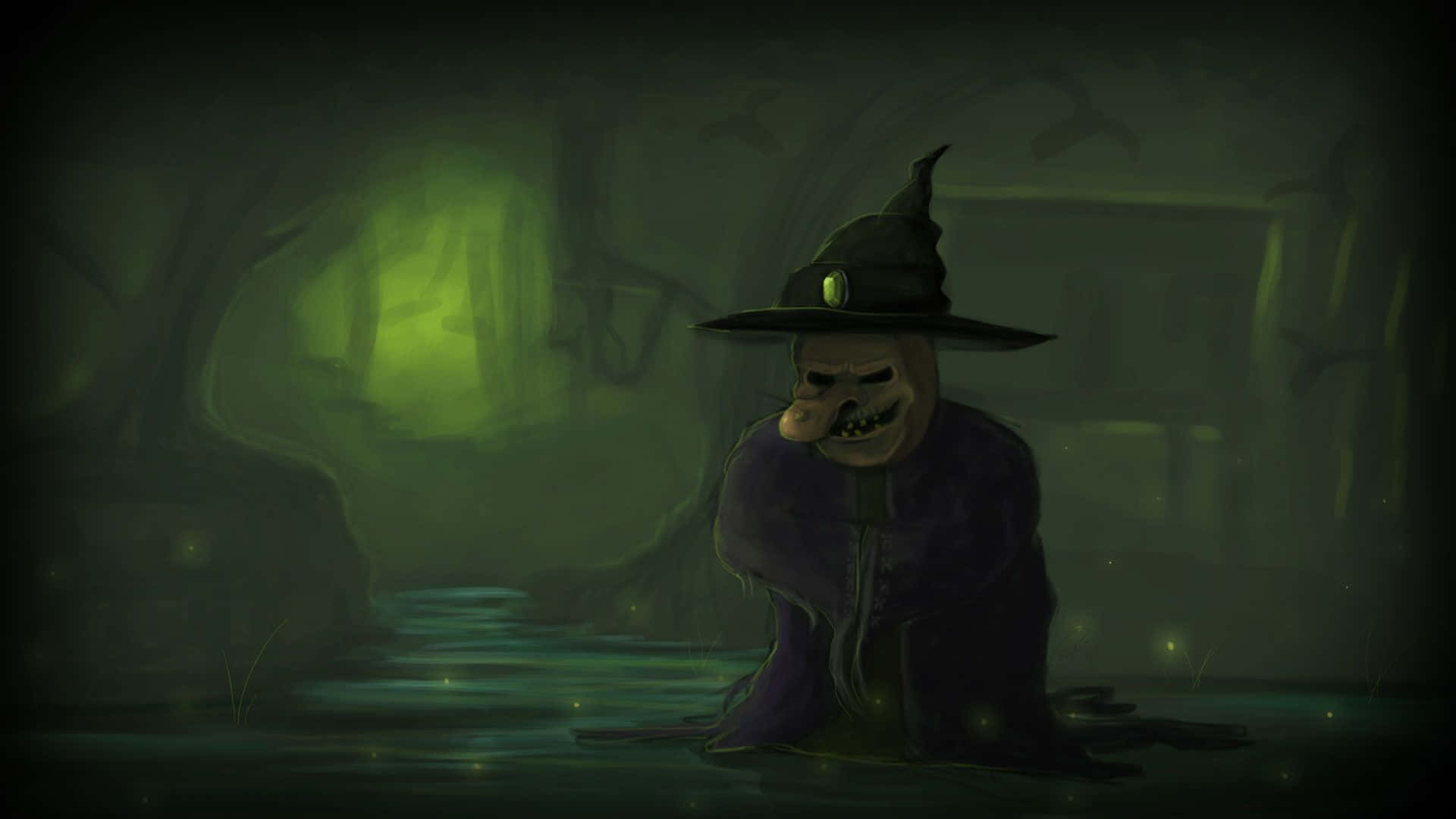 A Minecraft witch brewing potions in her spooky hut. Wallpaper