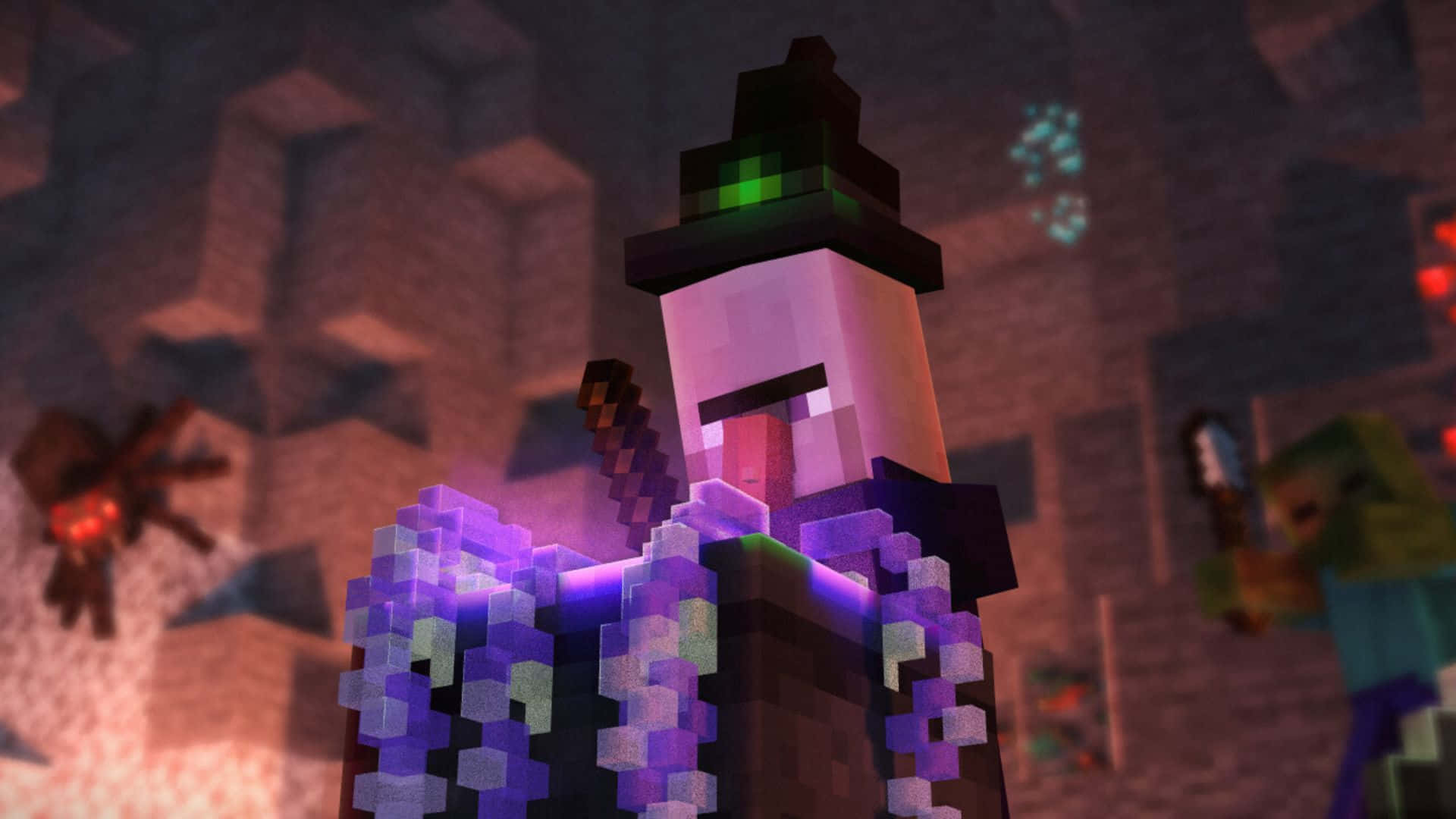 A Minecraft witch brewing potions by a cauldron Wallpaper