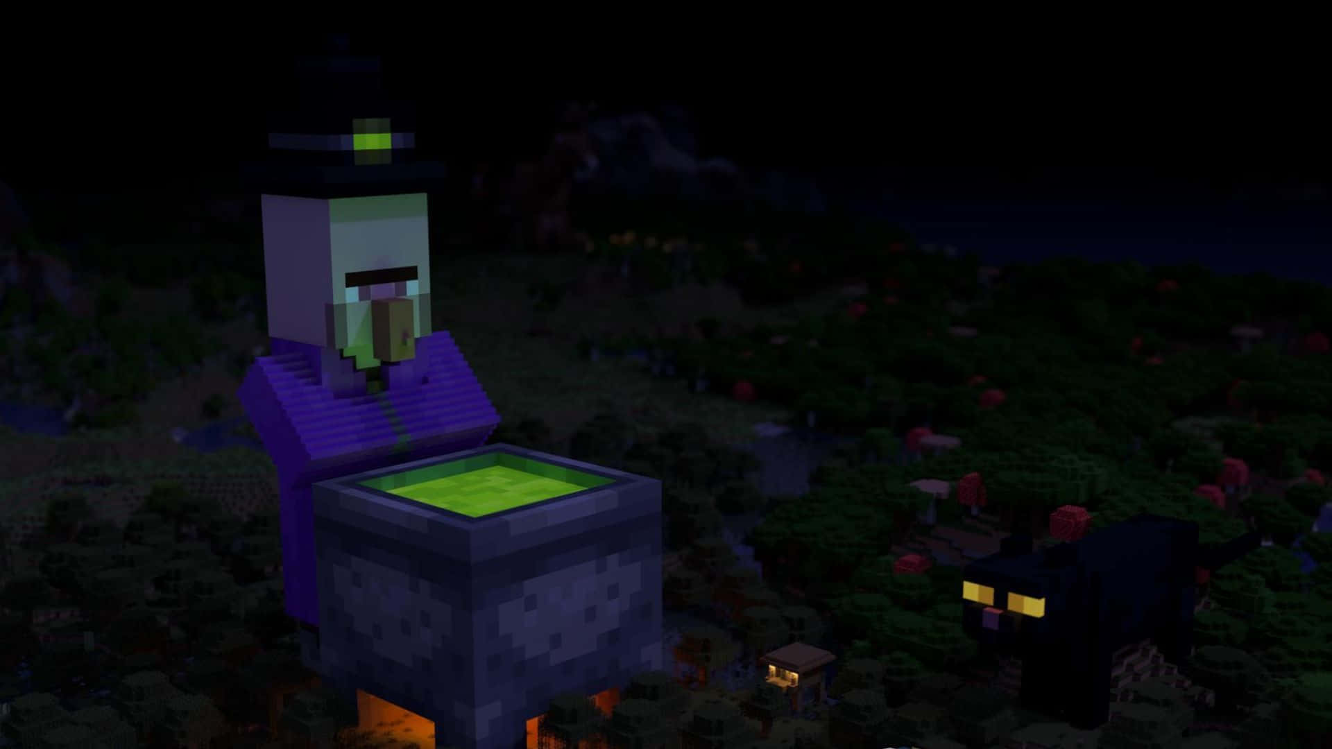 A Minecraft Witch standing ready for action in a magical world Wallpaper