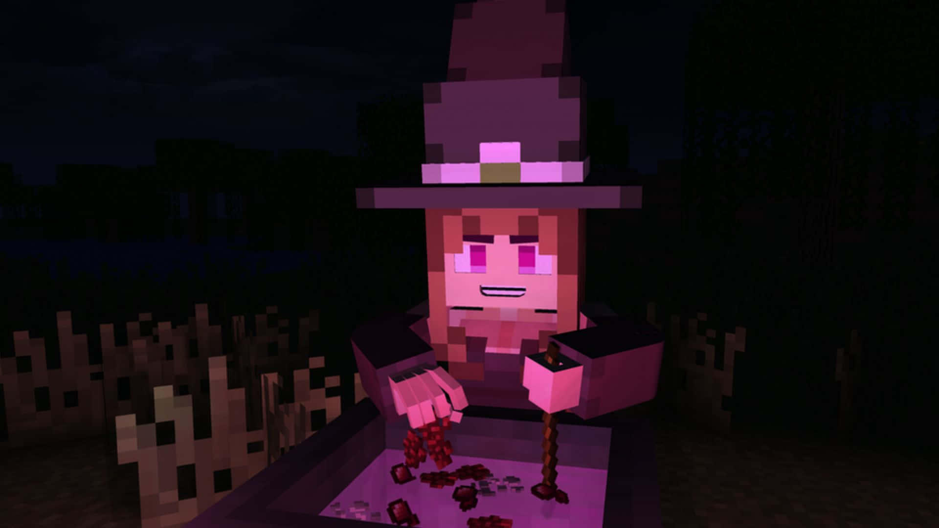 Minecraft Witch Brewing Potions in a Dark Forest Wallpaper