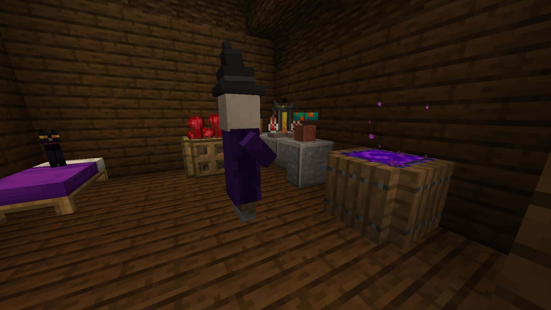A Minecraft witch brewing potions in her spooky lair Wallpaper