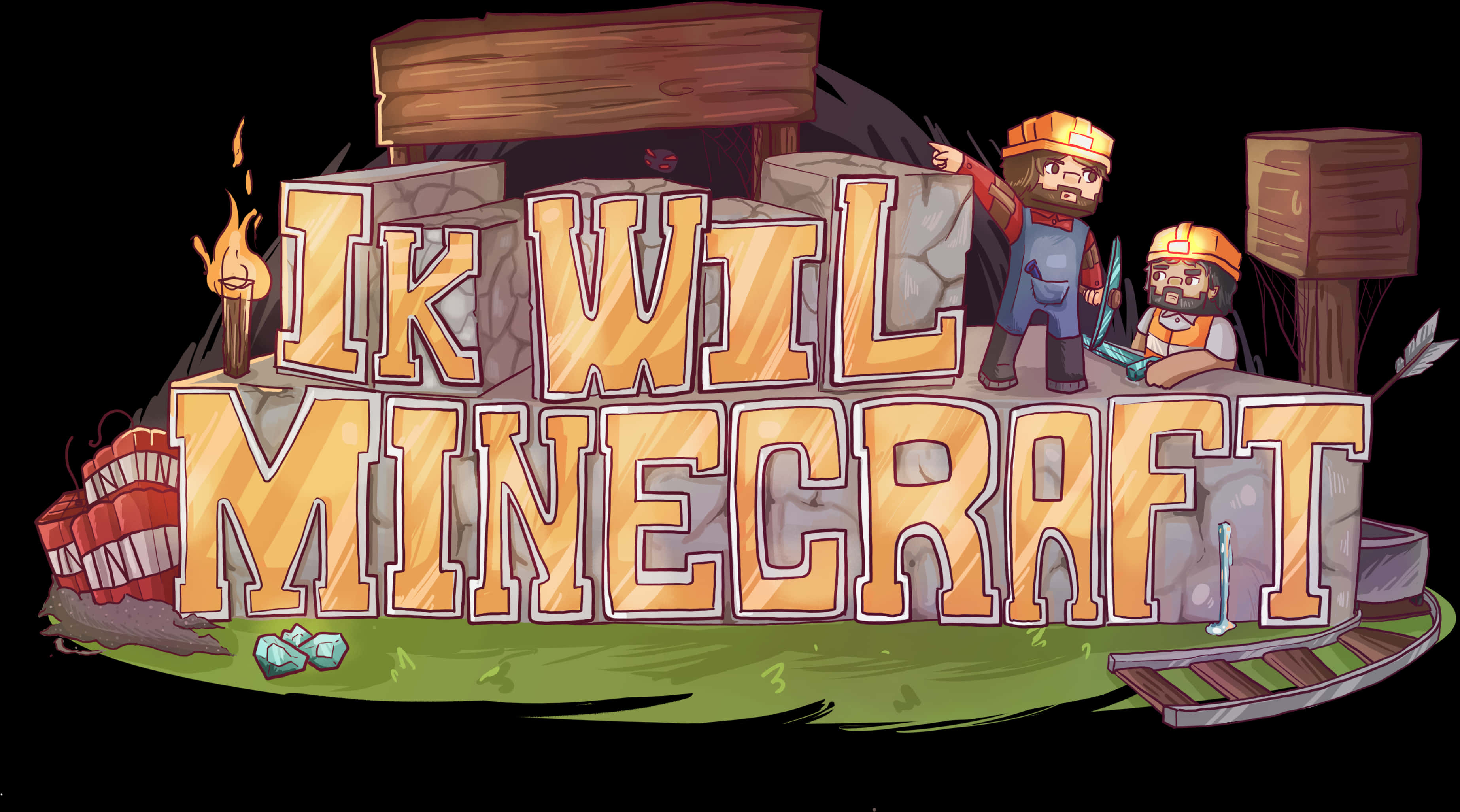 Minecraft_ Styled_ Illustration_with_ Characters PNG