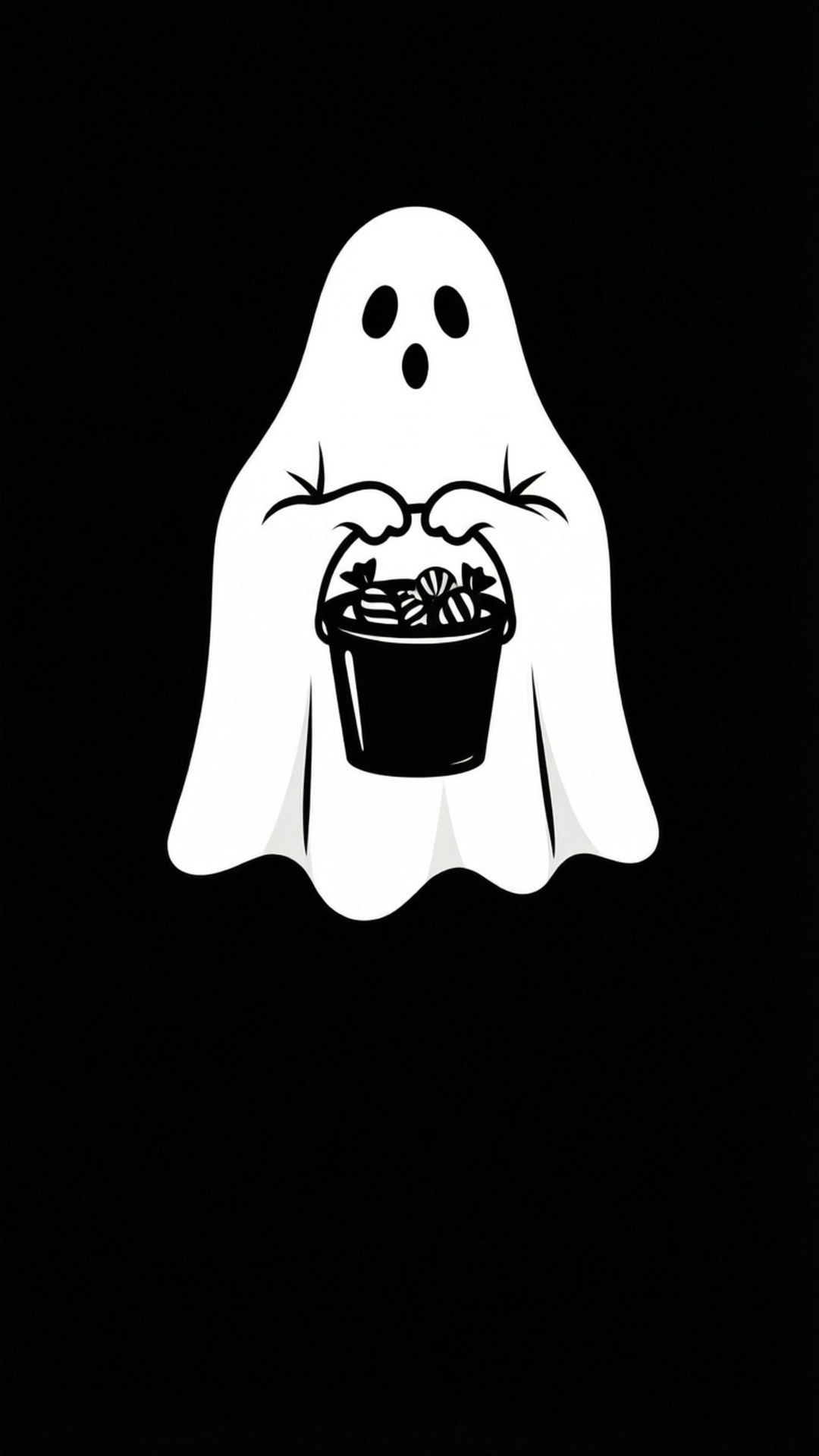 Simple vector ghost with candy bucket for a clean Halloween wallpaper.
