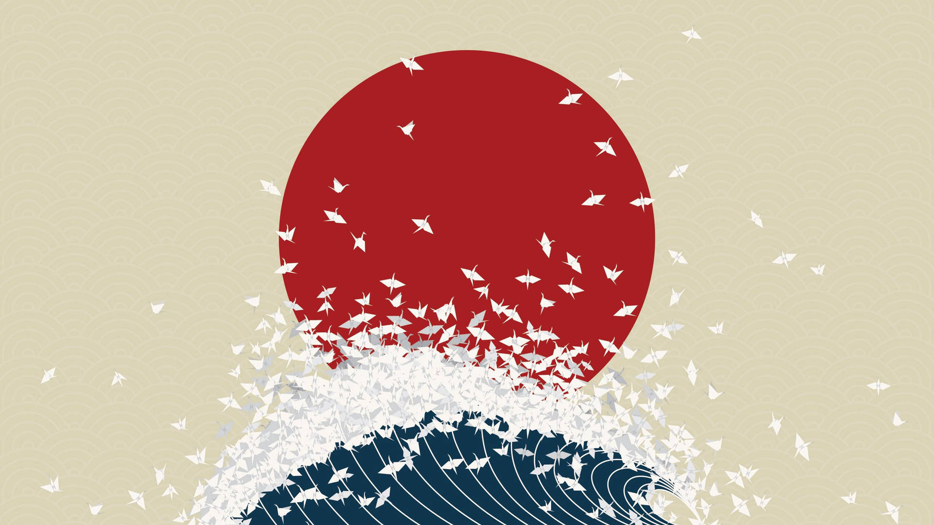 Minimal Japan Sun And Origami Waves Wallpaper
