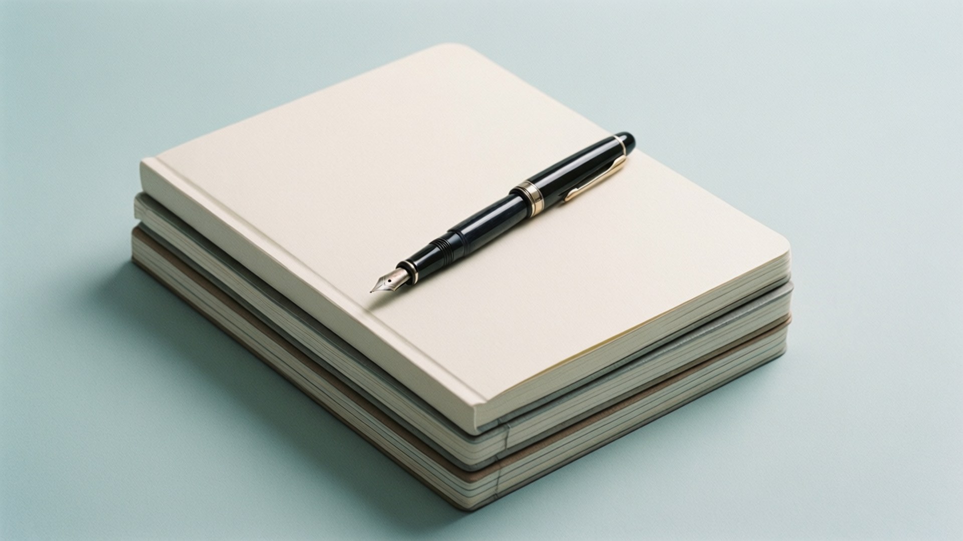 Stak af blanke notesbøger med pen, minimalistisk pastel tapet.