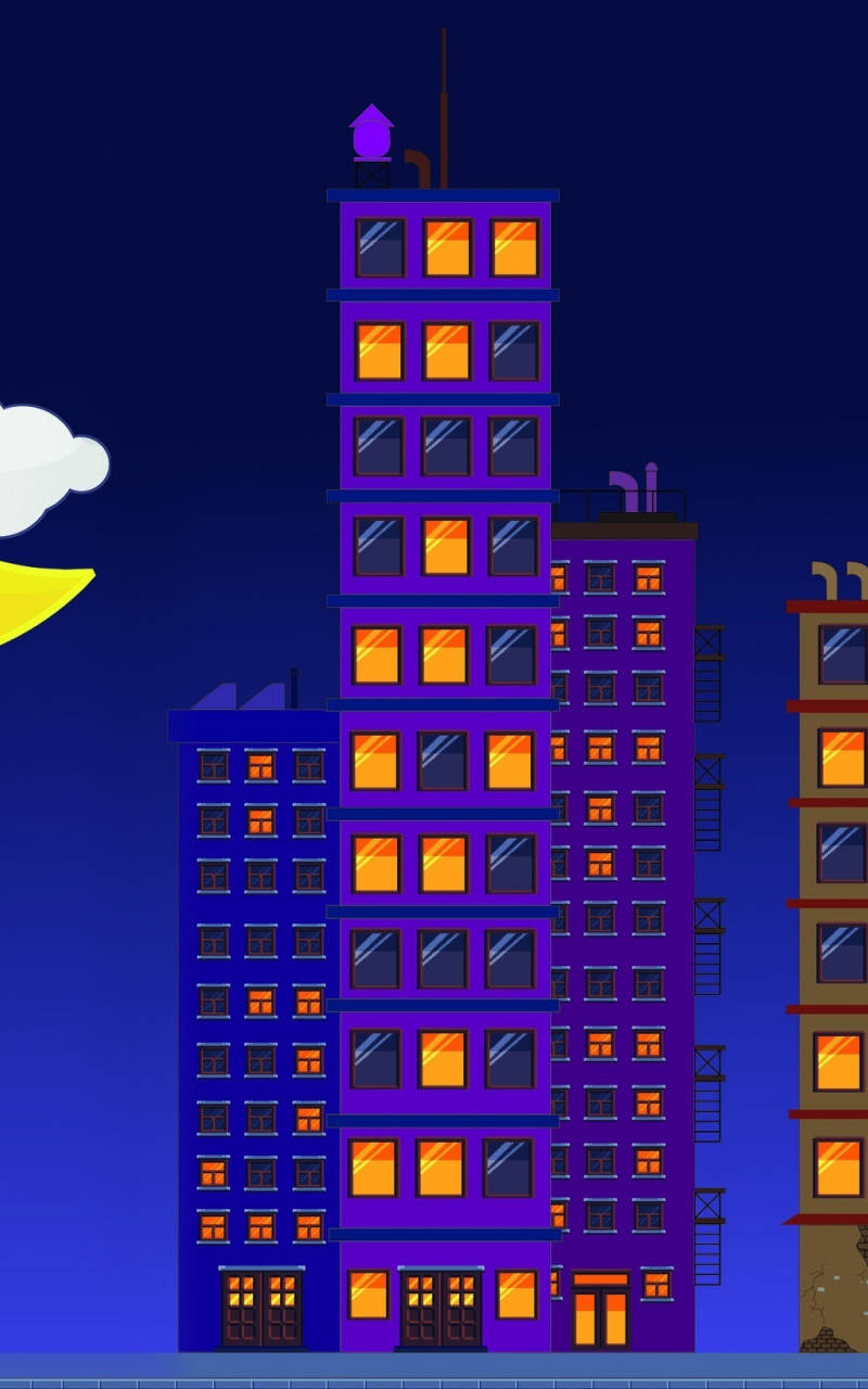 A Cartoon City With A Moon And Buildings Wallpaper