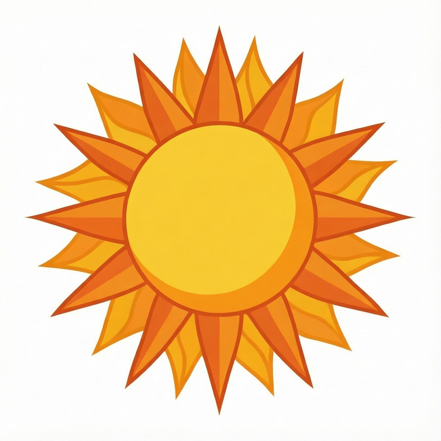 A clean flat vector sun with layered orange and yellow rays on white background.