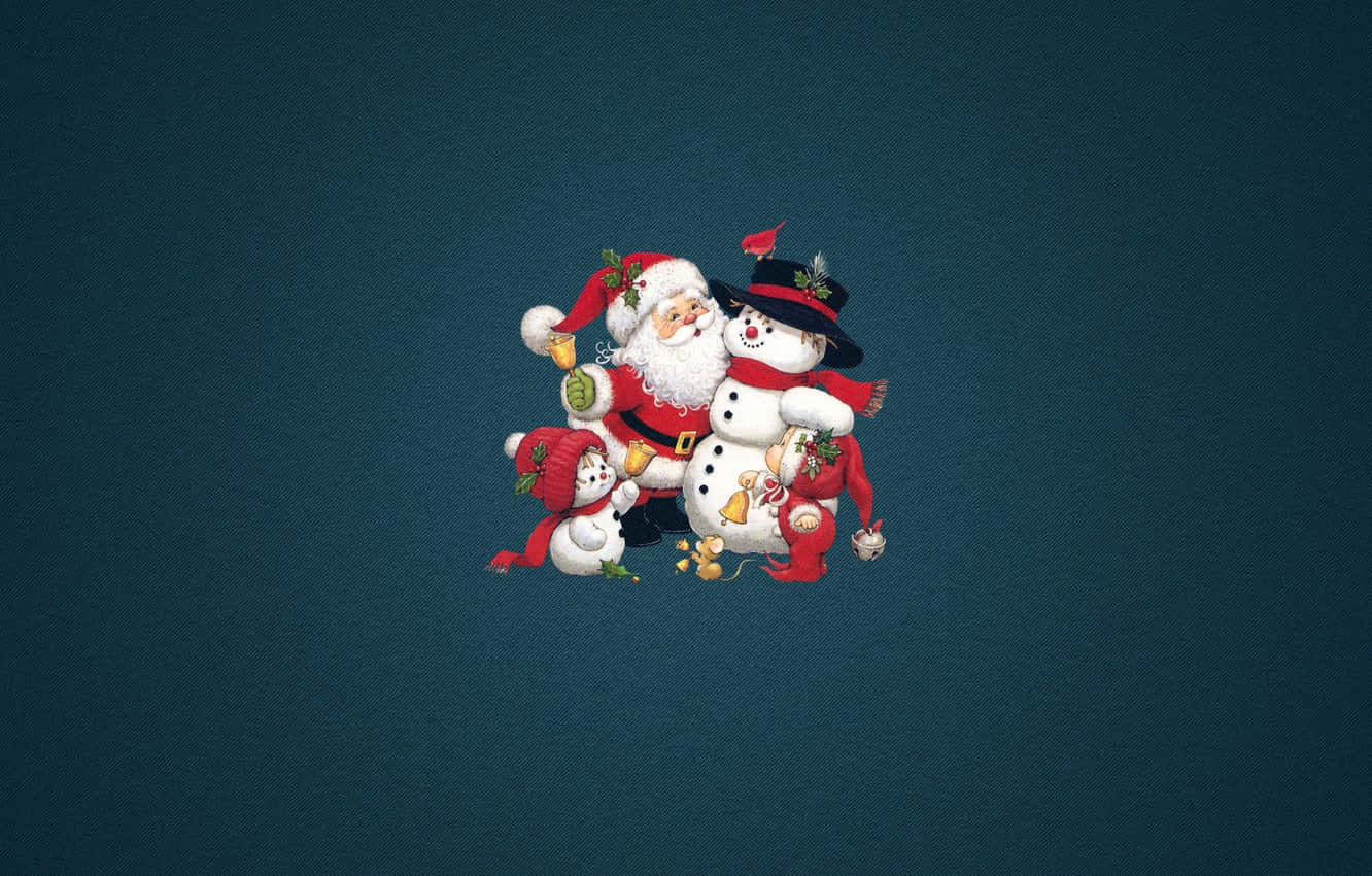 Santa Claus And Snowman On A Blue Background Wallpaper