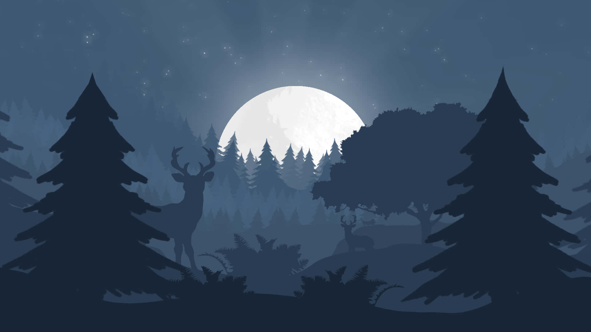 A Forest With Deer And Trees At Night Wallpaper