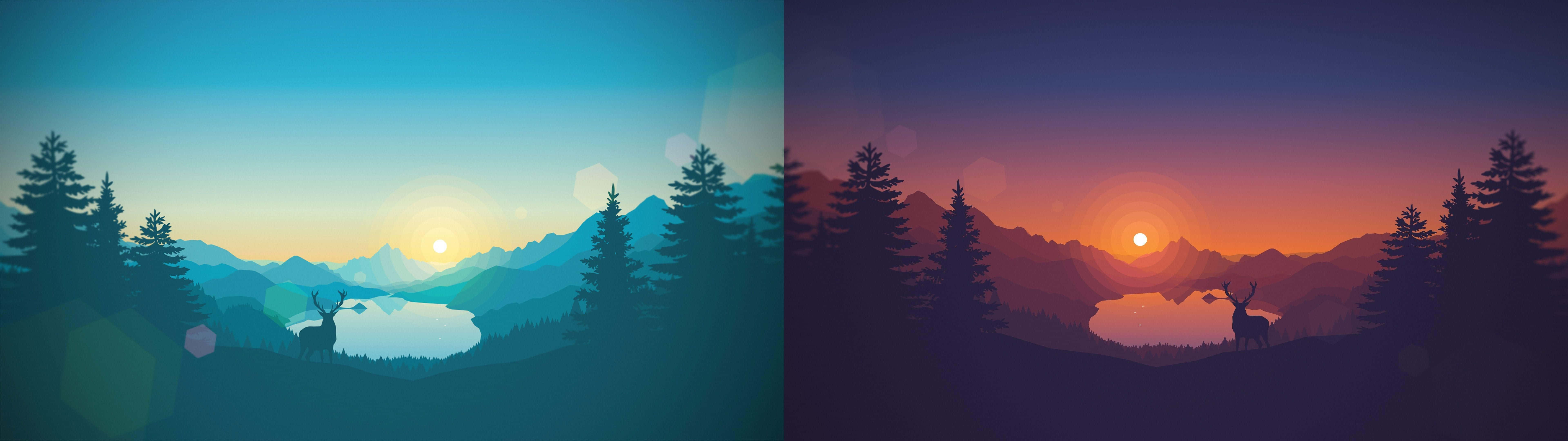 To forskellige billeder af et solnedgang med træer og bjerge Wallpaper