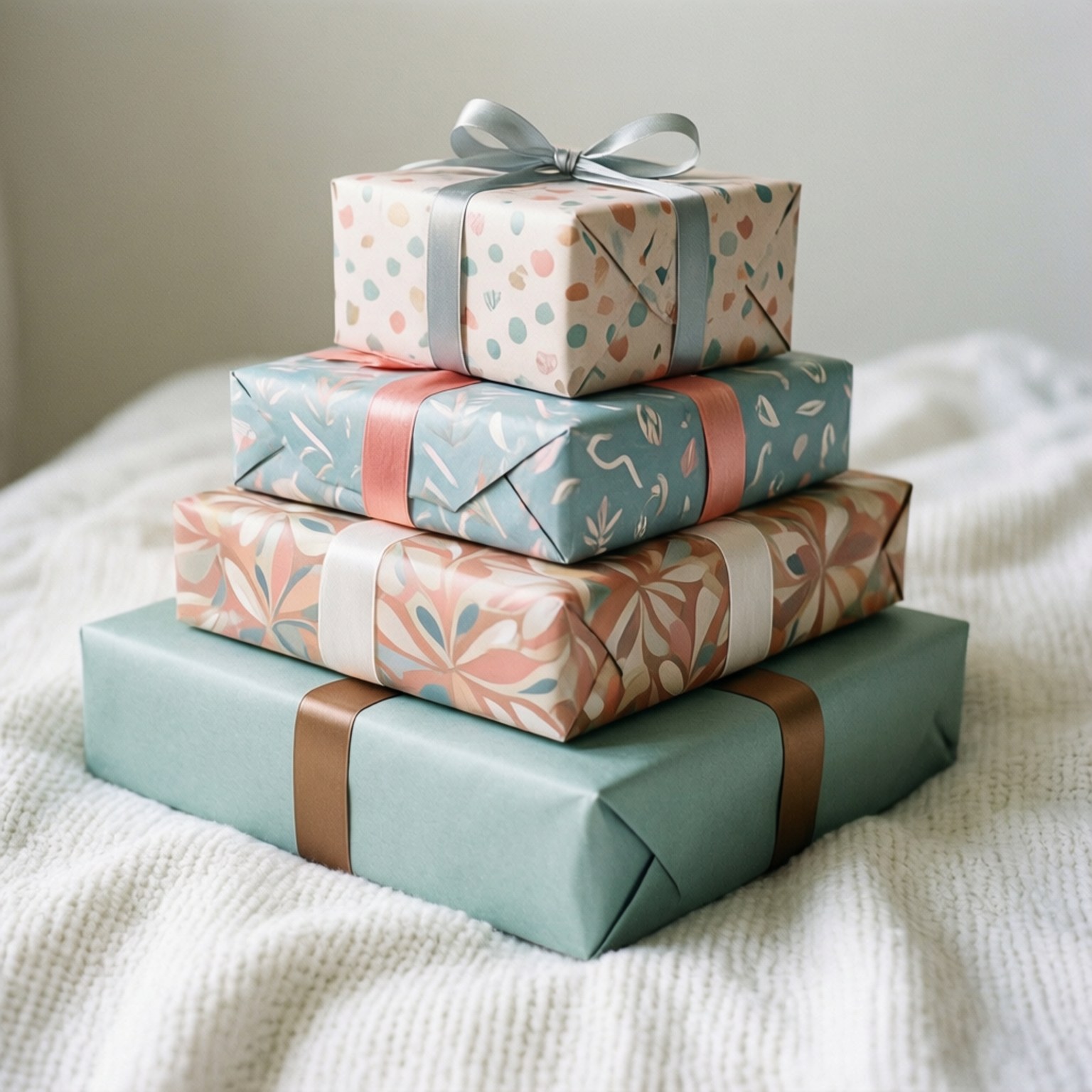 Pile de quatre cadeaux emballés sur une couverture blanche texturée.