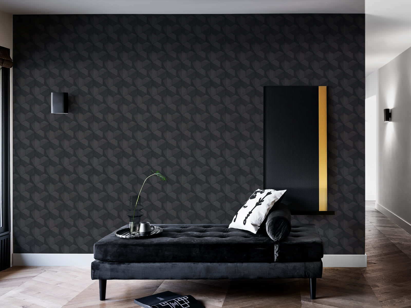 A Black And Gold Wallpaper In A Room Wallpaper