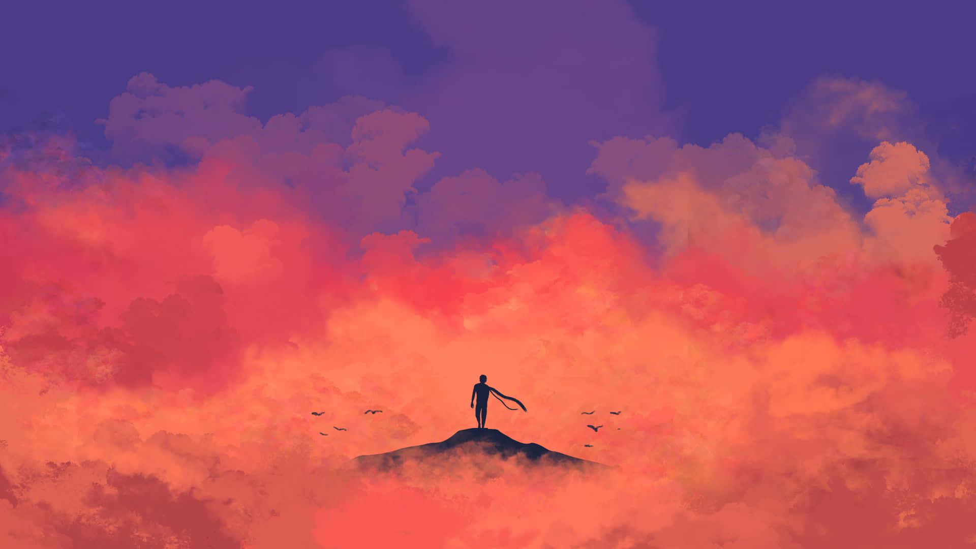 A Man Standing On Top Of A Mountain With A Red And Orange Sky Wallpaper