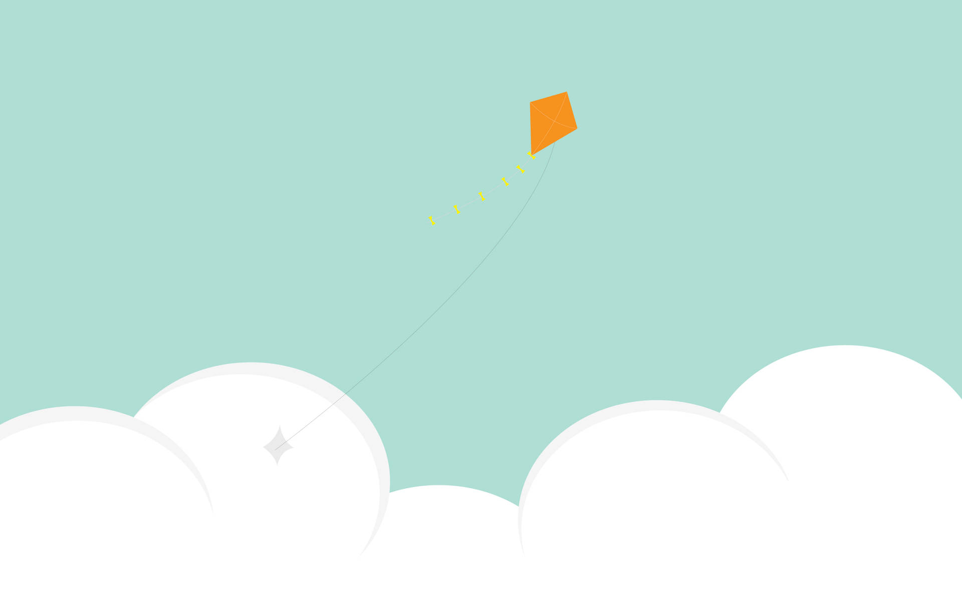 Bright and whimsical design featuring a kite in a background of white fluffy clouds Wallpaper