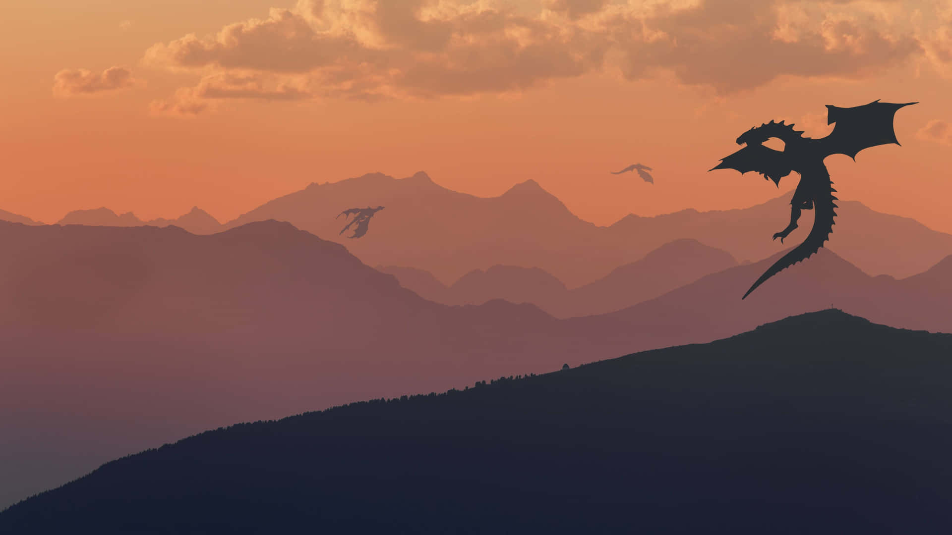 A Silhouette Of A Dragon Flying Over A Mountain Wallpaper