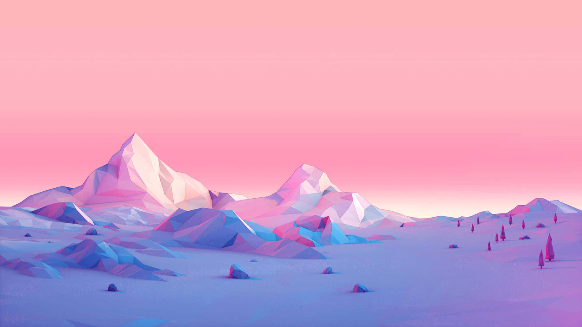 En pink og lilla landskab med bjerge og træer Wallpaper