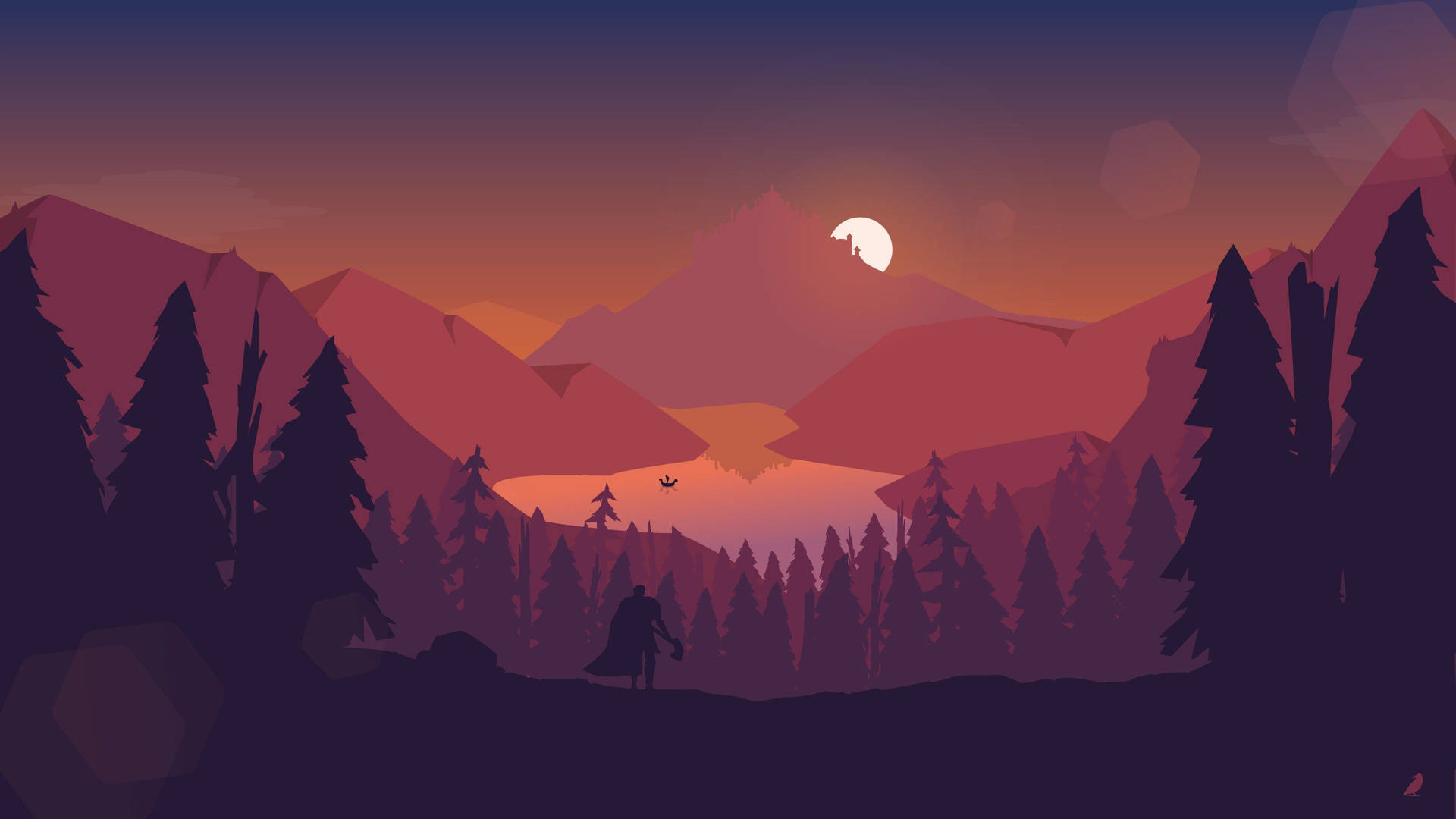 Minimalist Red Mountain And Trees Wallpaper