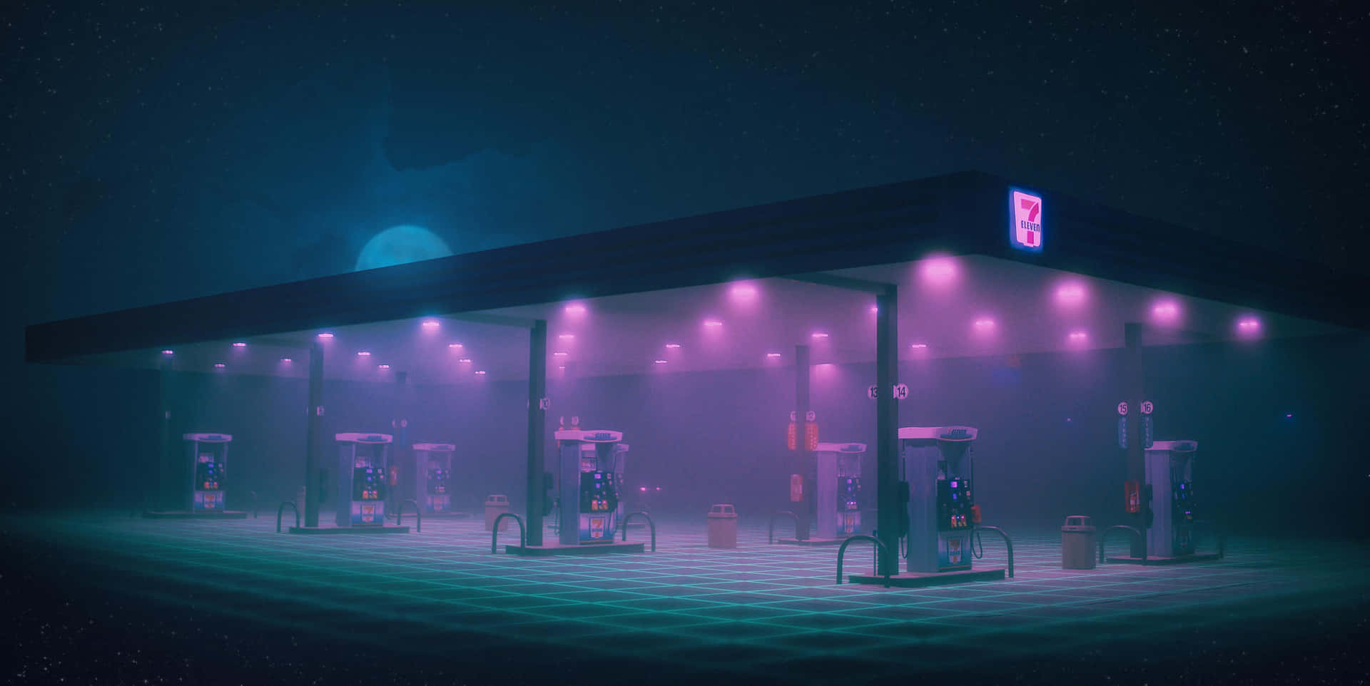 A Gas Station With Neon Lights At Night Wallpaper