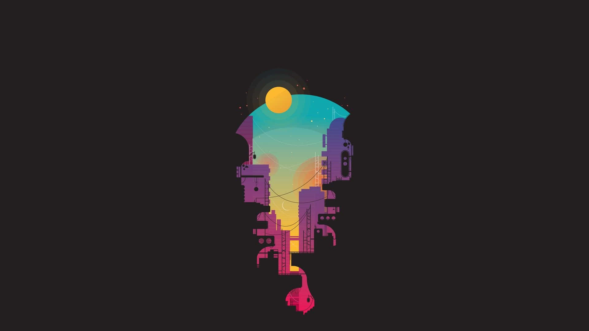A Colorful Illustration Of A City With A Rainbow Sky Wallpaper