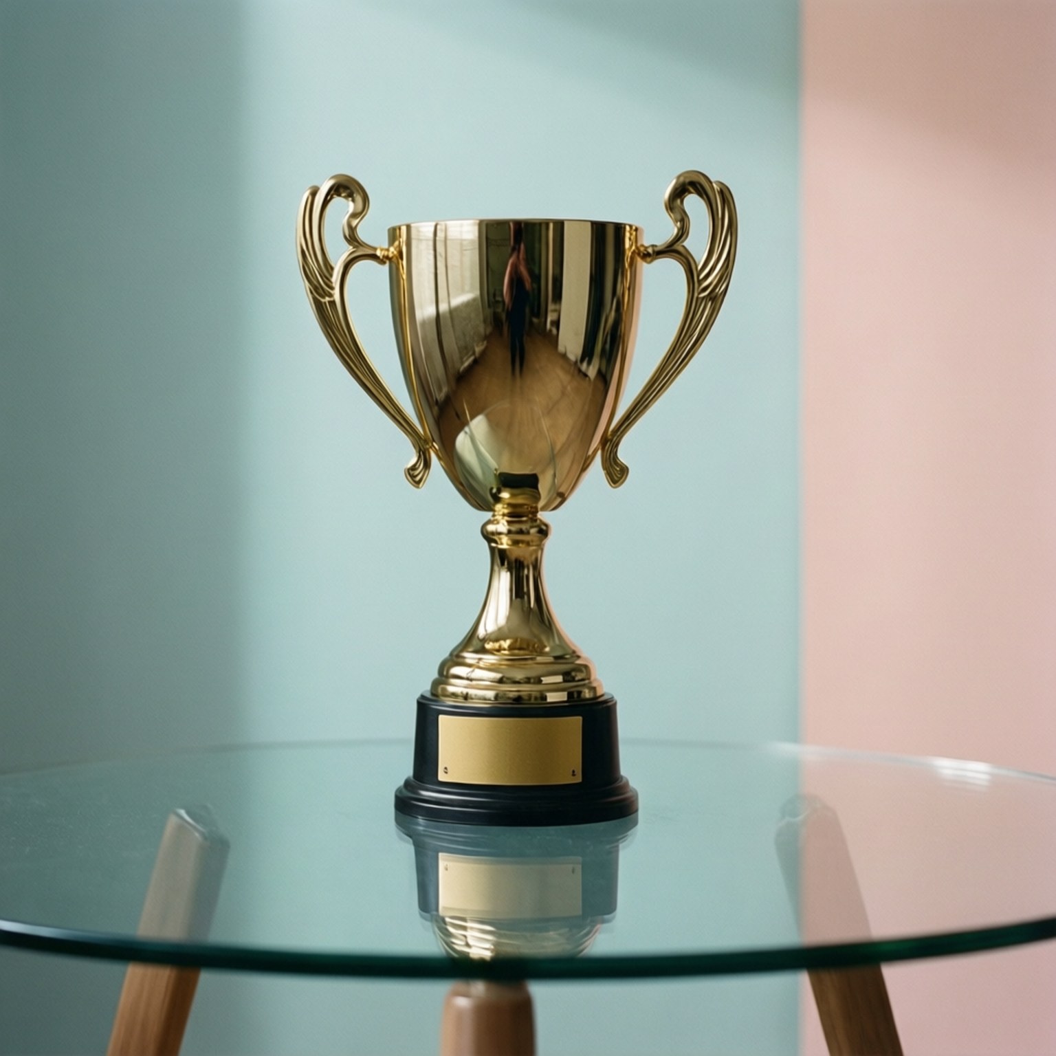 Rolig minimalistisk bakgrunnsbilde med MVP-troférefleksjon på glass.