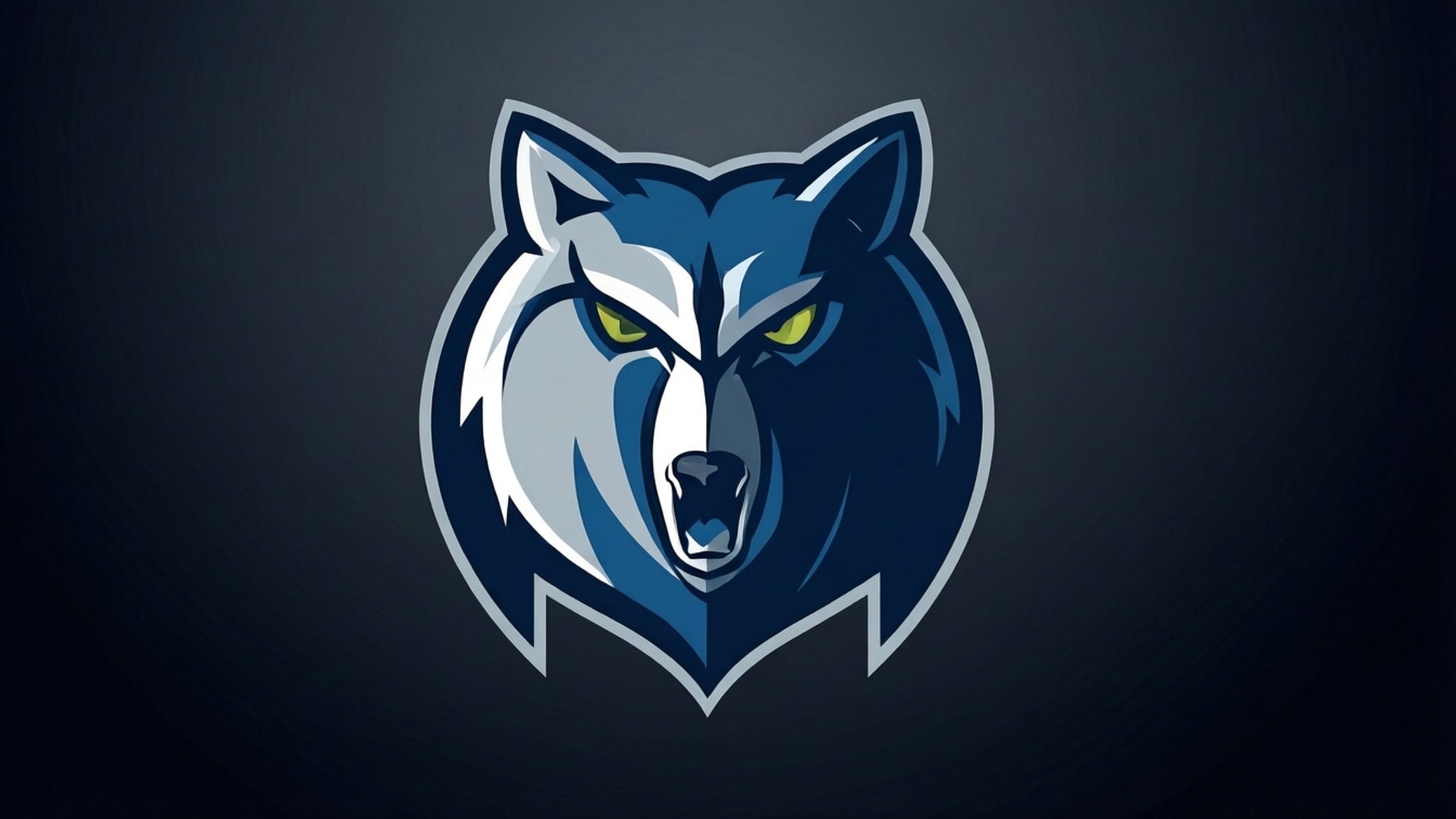 Minimalist Logo Wallpaper — A fierce blue and white wolf head logo with glowing yellow eyes centered on a dark gradient background.