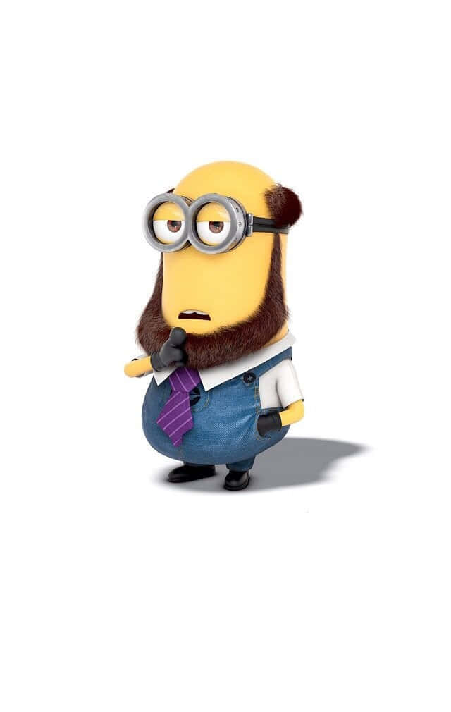 a minion with a beard and tie is holding a microphone
