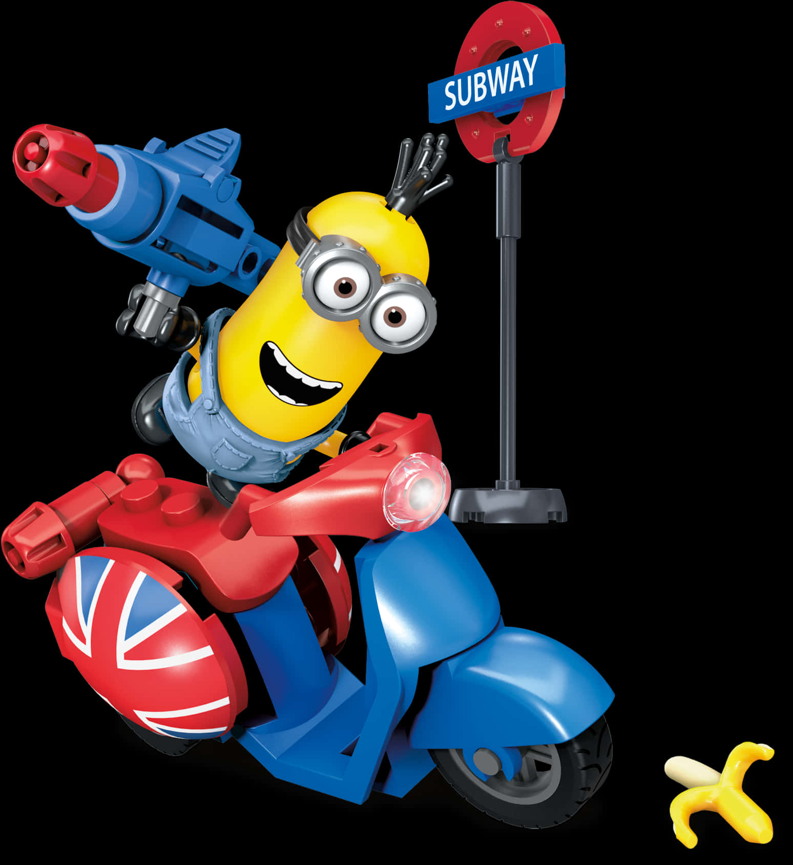 Minionon Scooterwith Blasterand Subway Sign PNG