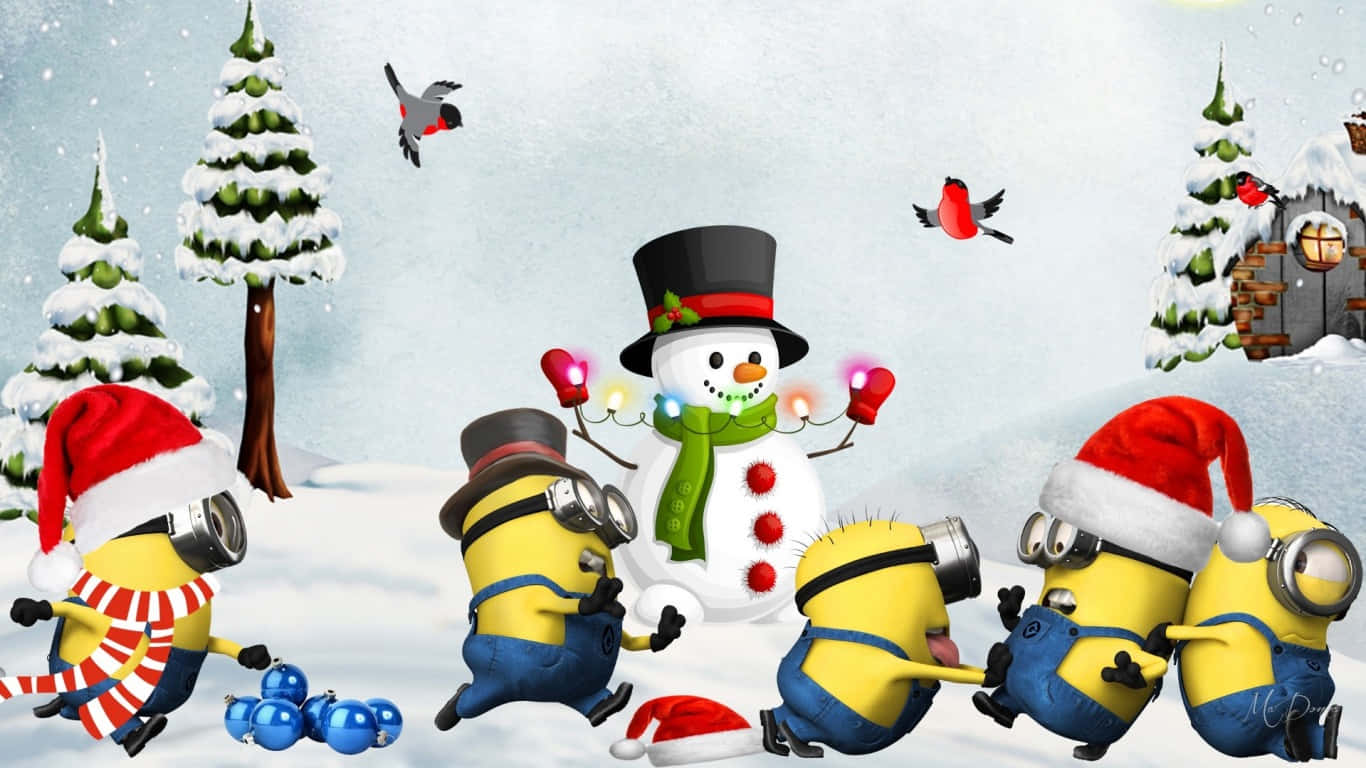 Minions Christmas Celebration Snowy Scene Wallpaper