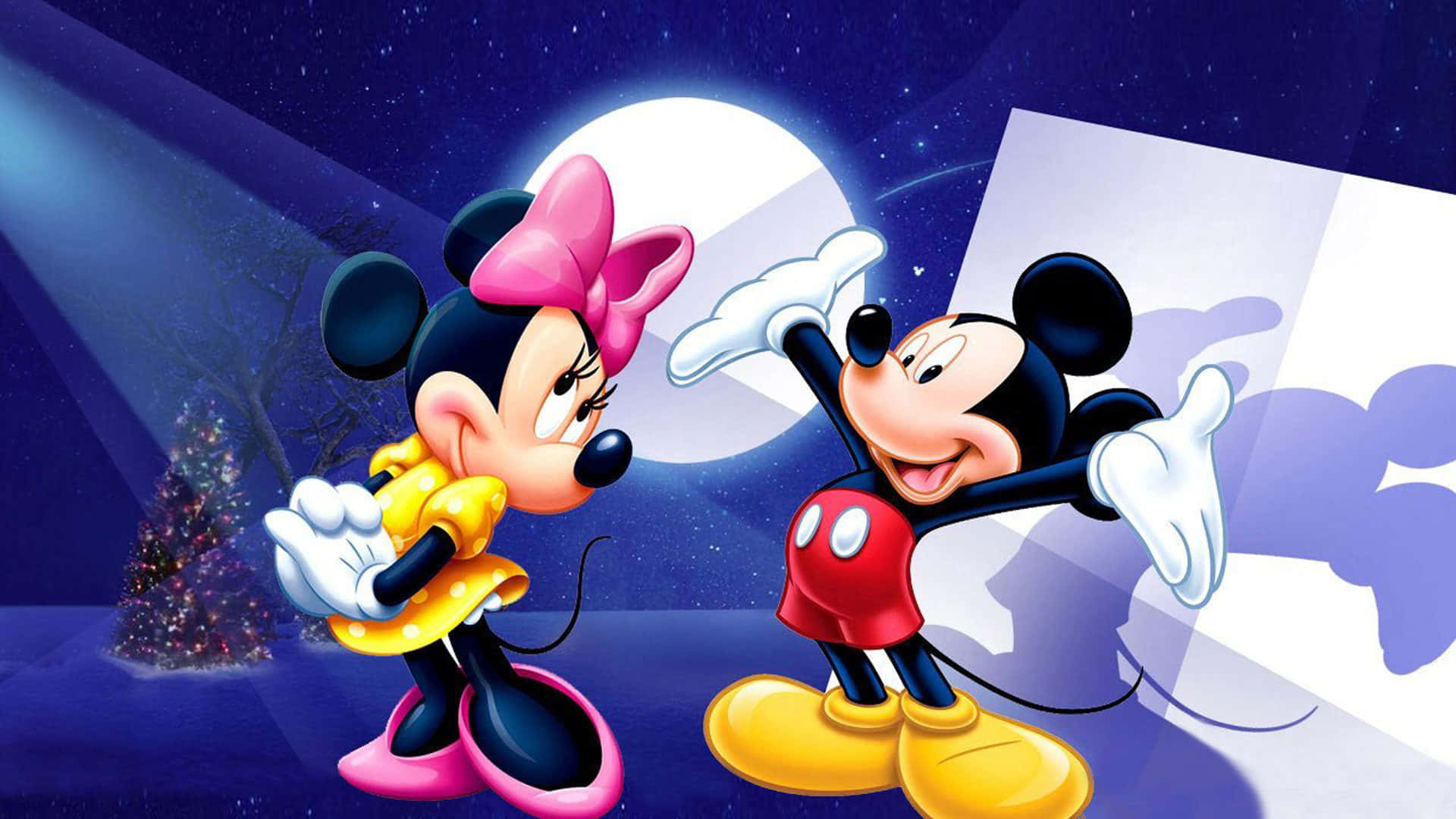 Mickeymouse Og Minnie Mouse Foran Et Juletræ