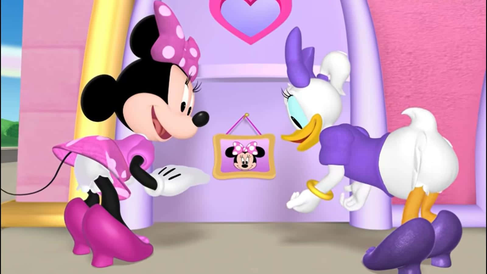 Minnie Mouse And Donald Duck In A Pink And Purple House Wallpaper