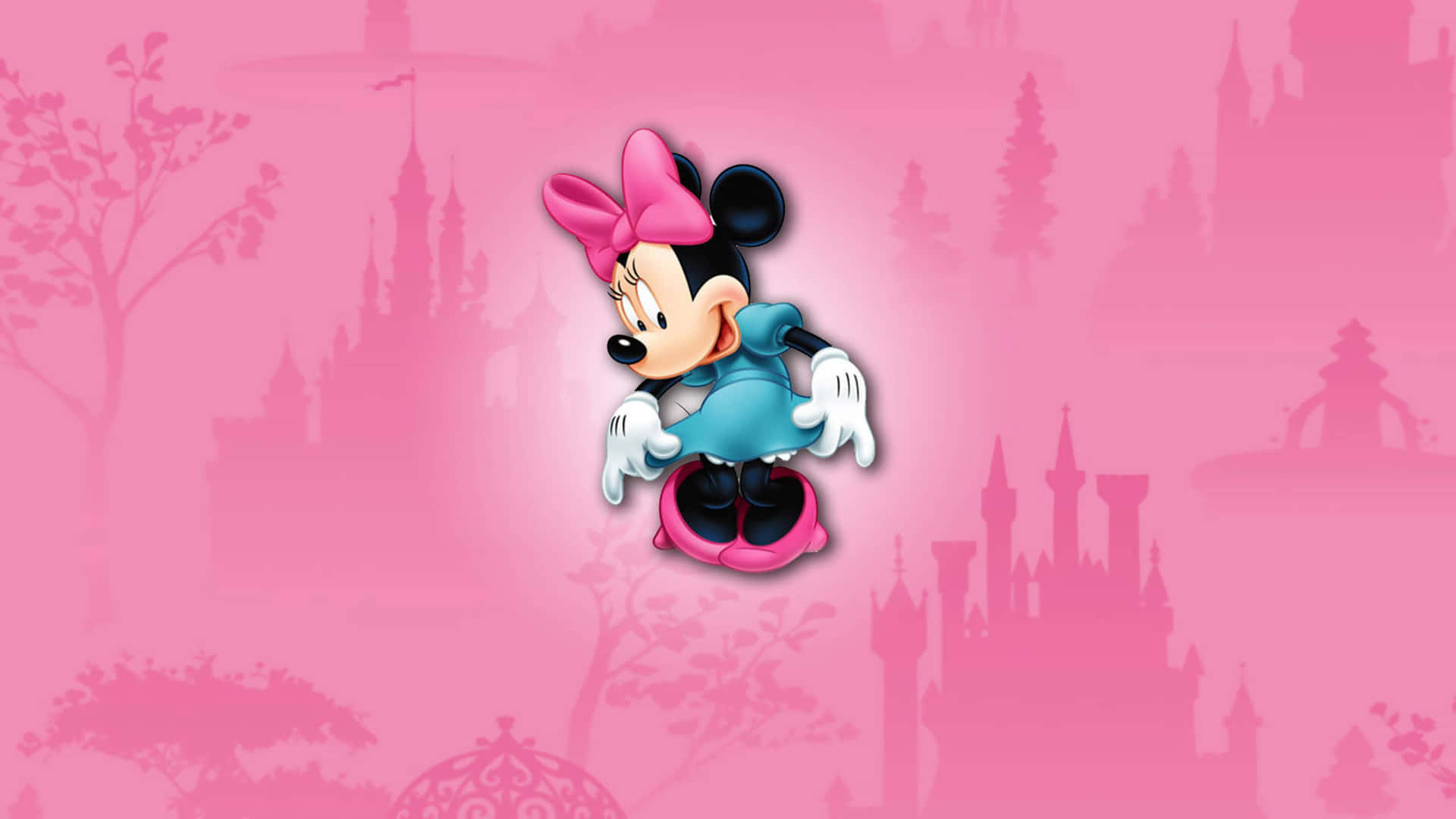 The iconic Minnie Mouse dressed in a soft pink outfit. Wallpaper