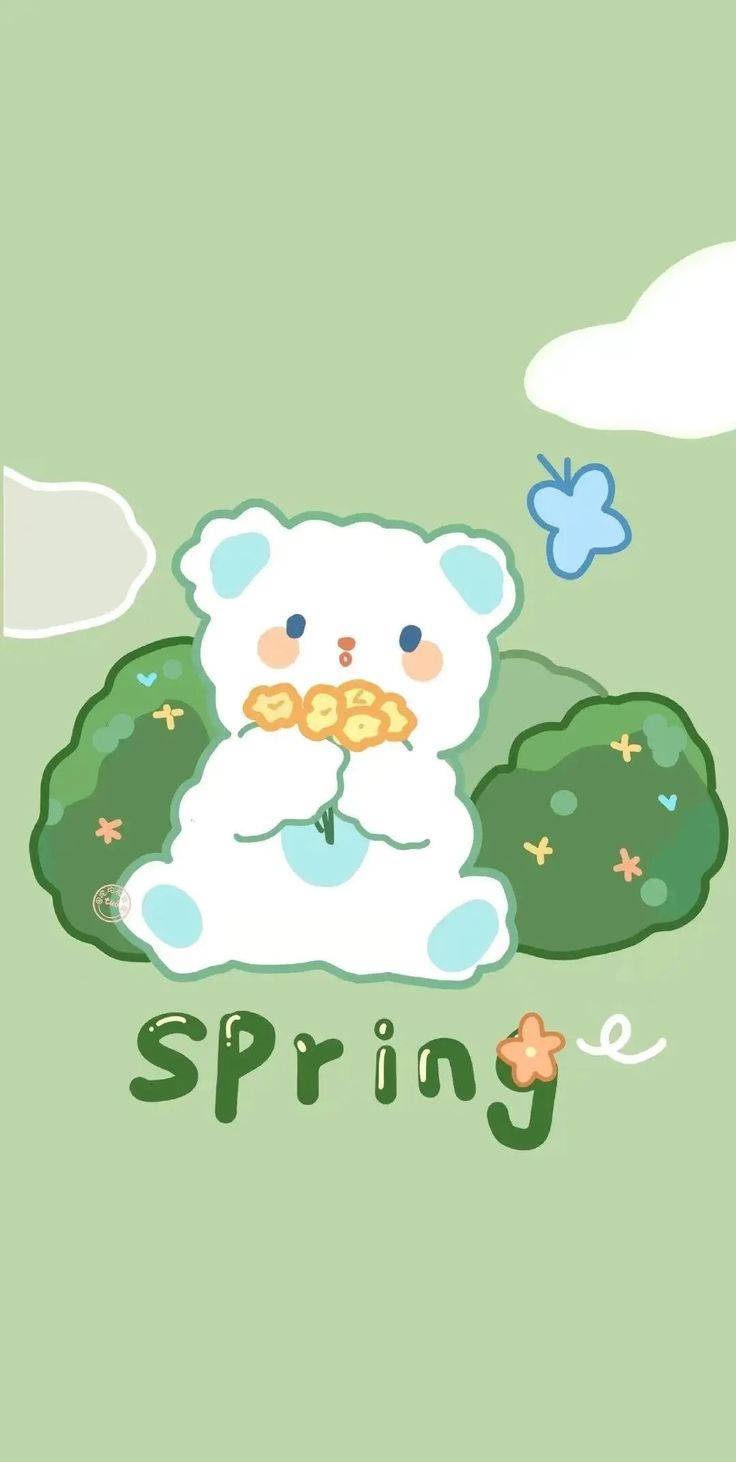 Mint Green Aesthetic Flower Bear Wallpaper