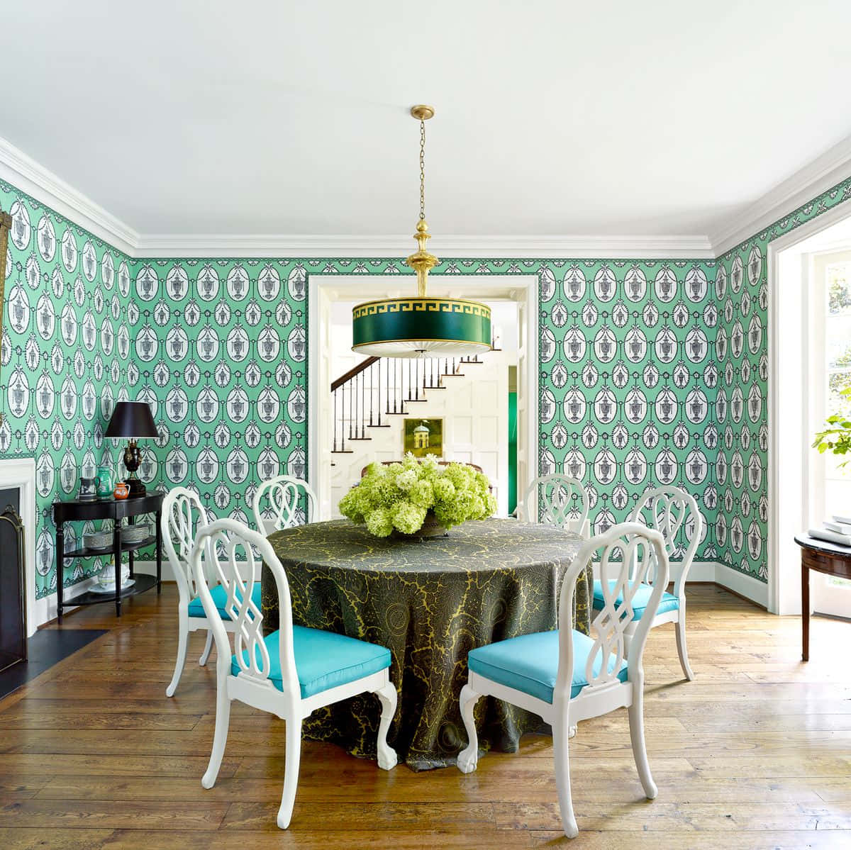 Mint Green Dining Room With White Chairs Picture